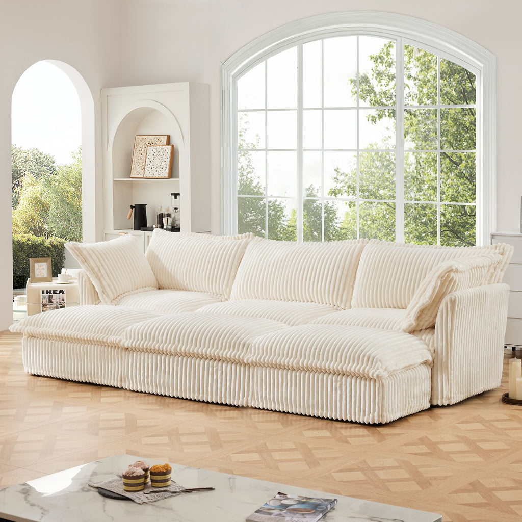 Living Room Sofa Slipcovered Sofa 3 Seater Sofa With 3 Ottomans, Oversized 3-Seat Sleeper Sofa Bed Home Theater Sofa, Corduroy, Cream
