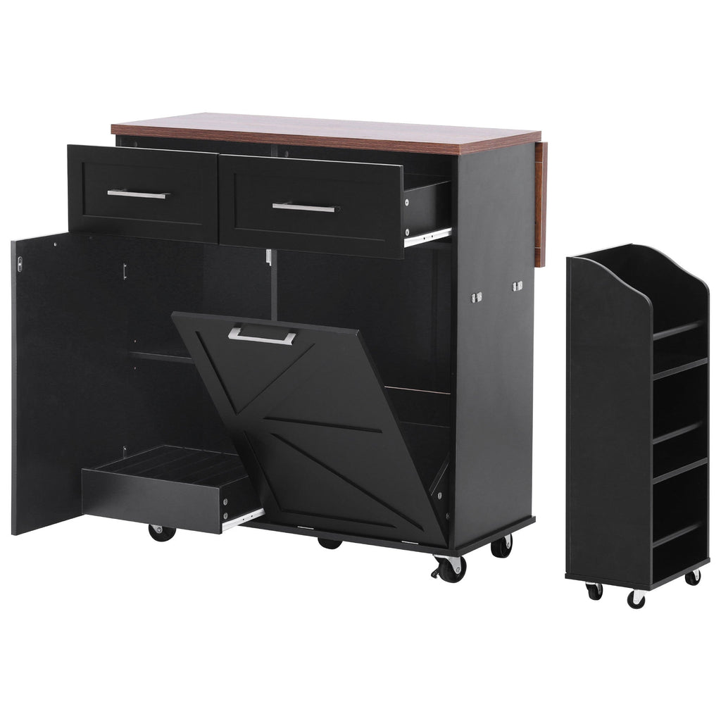 K&K 47.2' Farmhouse Kitchen Island with Drop Leaf, Kitchen Storage Island with Removable Side Racks, Two Drawers, Rolling Kitchen Cart on Wheels with Towel Rack, for Home, Kitchen, Dining Room, Black