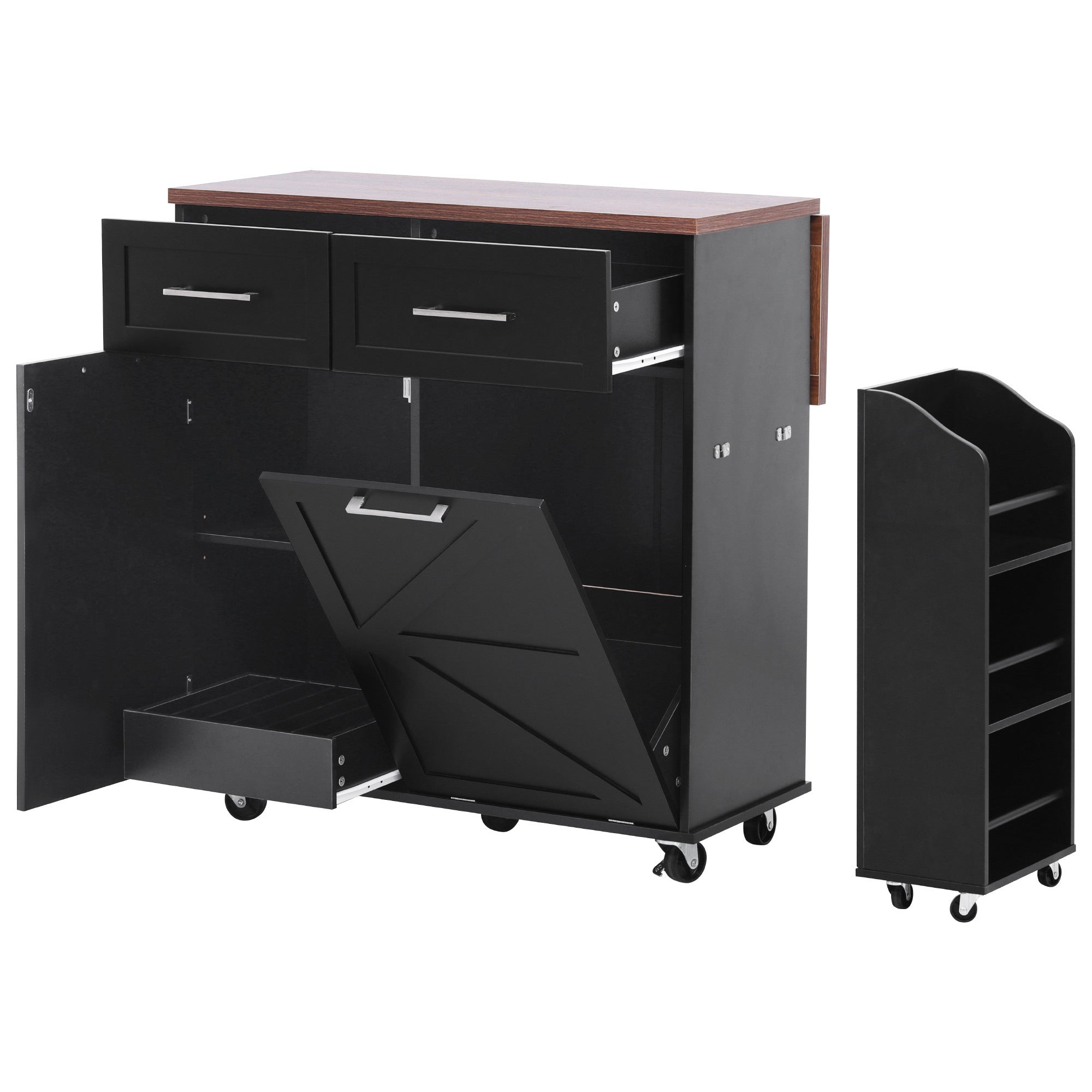 K&K 47.2' Farmhouse Kitchen Island with Drop Leaf, Kitchen Storage Island with Removable Side Racks, Two Drawers, Rolling Kitchen Cart on Wheels with Towel Rack, for Home, Kitchen, Dining Room, Black