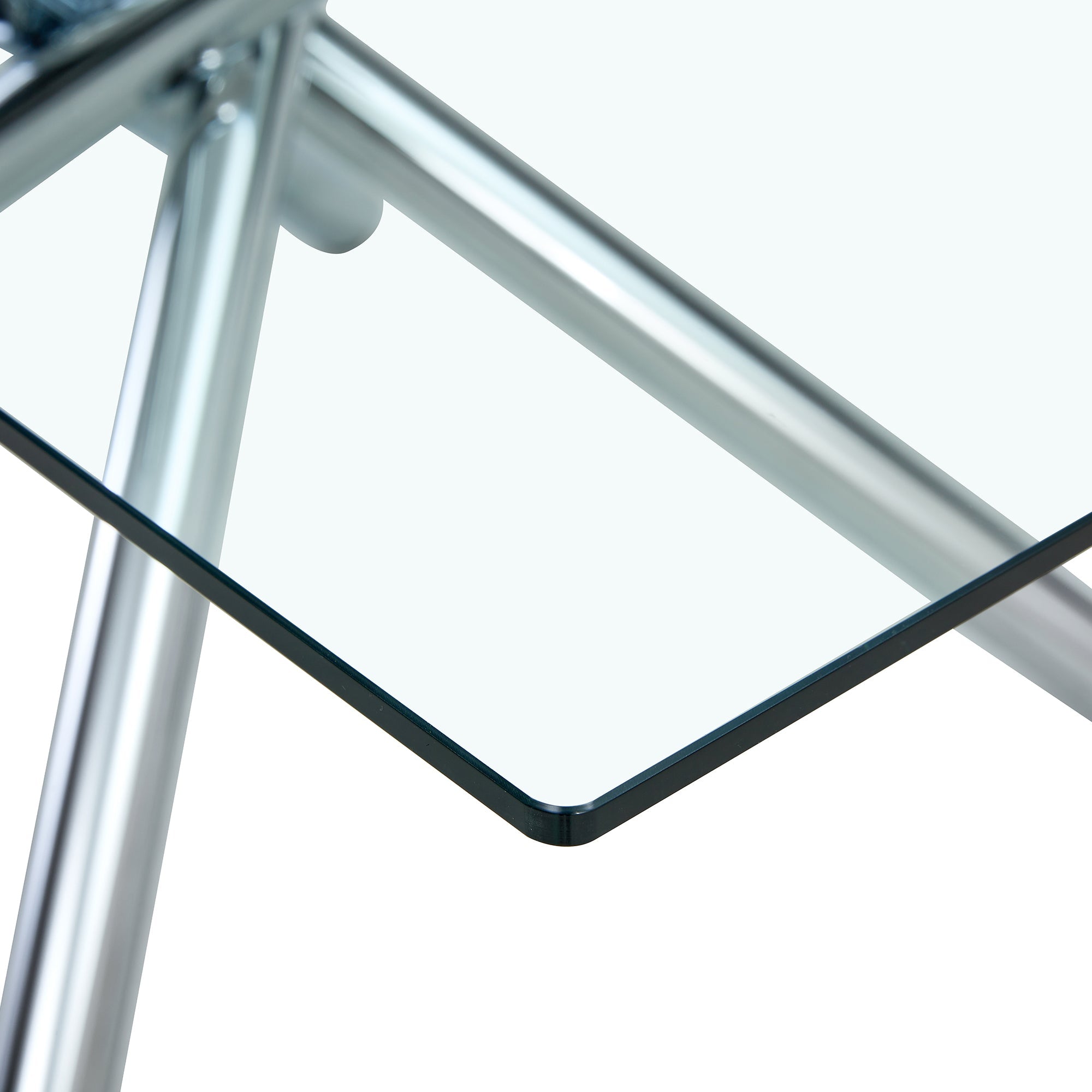 Large Modern Minimalist Rectangular Glass Dining Table with 0.39' Tempered Glass Tabletop and Silver Chrome Metal Legs, for Kitchen Dining Living Meeting Room Banquet hall,63''x35''x 29''W1151S00191
