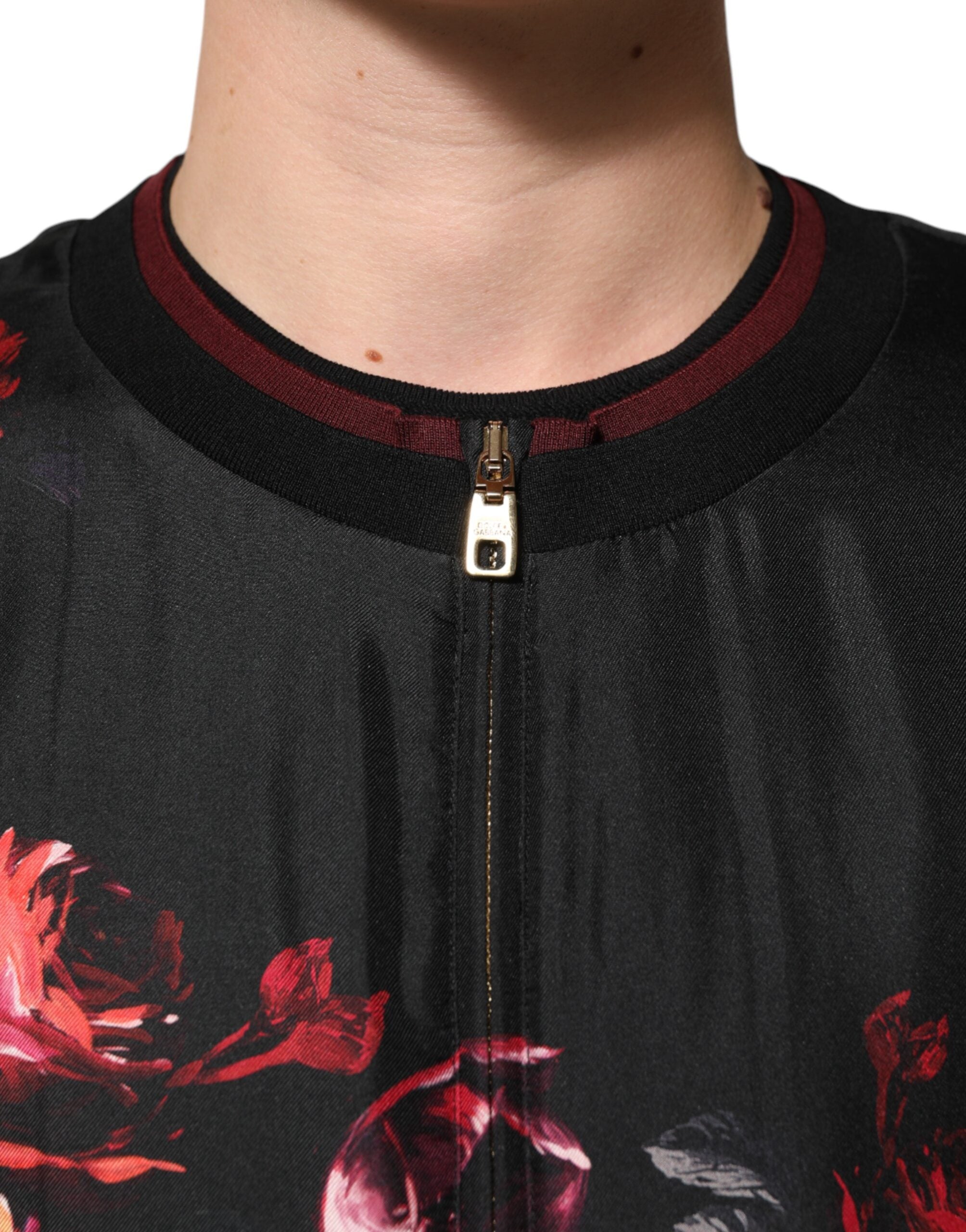 Dolce & Gabbana Black Red Floral Silk Bomber Blouson Jacket