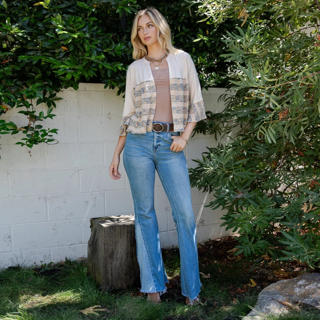 Young Threads Boho Chic: Tiered Patchwork Denim Cropped Shrug