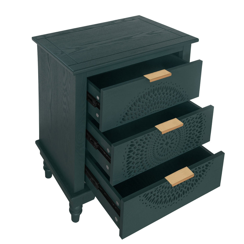 Blackish Green Hollow-Carved 3-Drawer Dresser with Metal Handles, MDF Storage Chest for Living Room or Bedroom