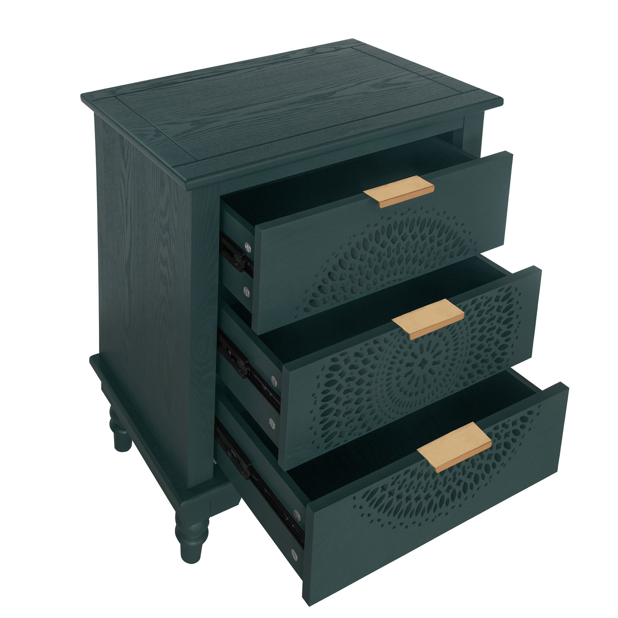 Blackish Green Hollow-Carved 3-Drawer Dresser with Metal Handles, MDF Storage Chest for Living Room or Bedroom