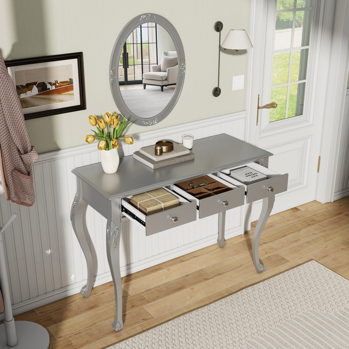Luxury Makeup Vanity Desk with Oval Mirror, 3-Drawer Dressing Table for Jewelry Storage, Elegant Console Table for Entryway, Living Room & Bedroom, Stylish Home Decor,Silver