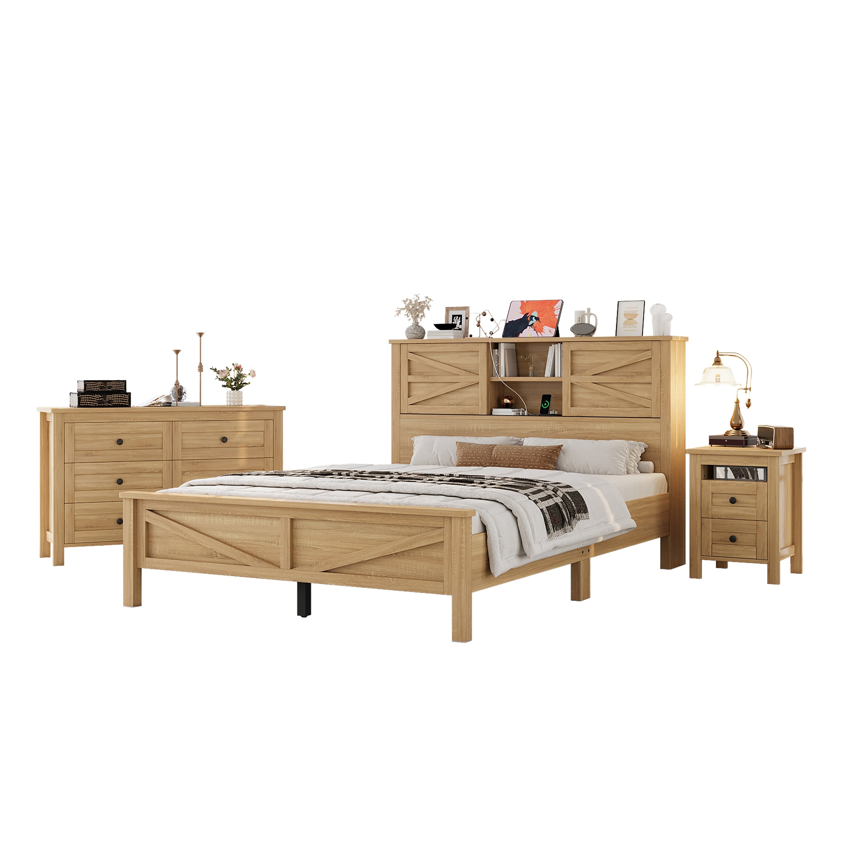 3-Pieces Bedroom Sets Queen Size Farmhouse Platform Bed with Double Sliding Door Storage Headboard and Charging Station, Storage Nightstand and Dresser, Natural