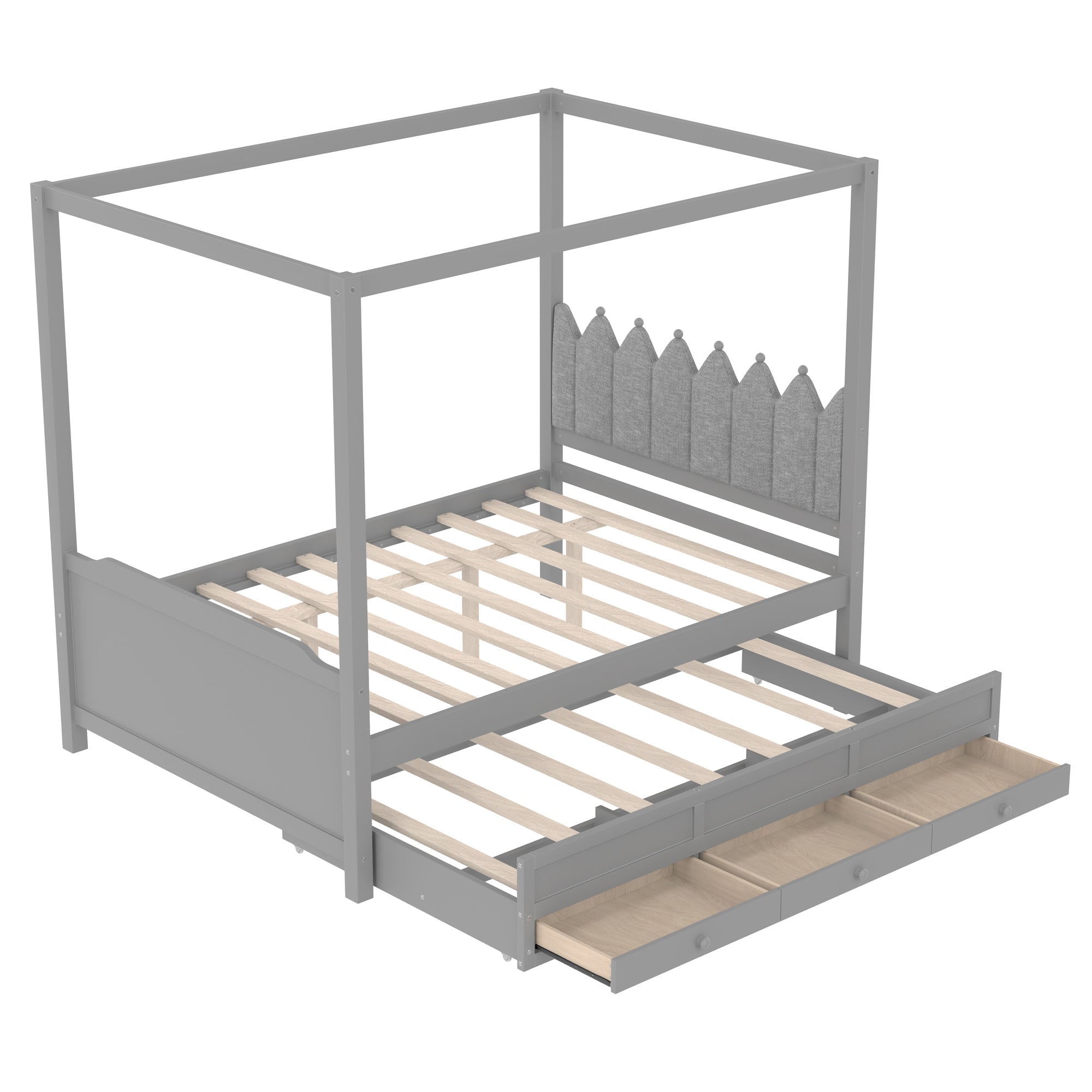 Full Platform Bed with Upholstered Headboard,Twin Size Trundle and 3 Drawers,Princess Canopy Bed Frame for Kids,Storage & Easy Assembly,Gray.