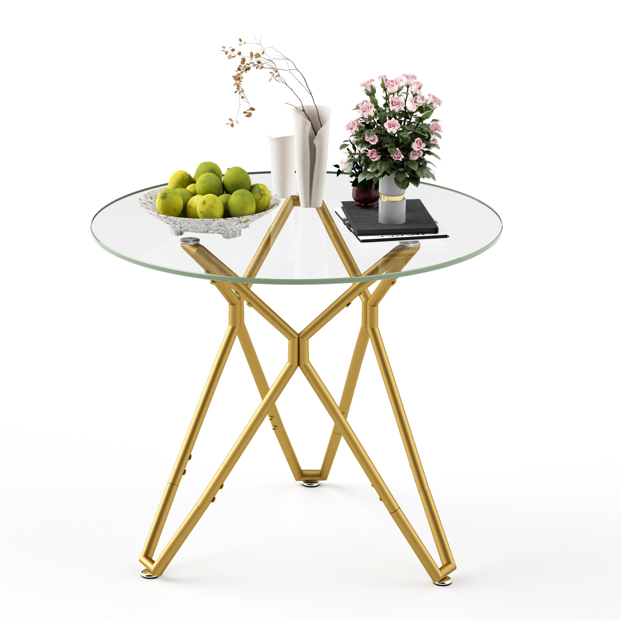 Modern Round Tempered Glass Dining Table with Sturdy Metal Legs for 1-4 People, Gold, 35.4 Inches