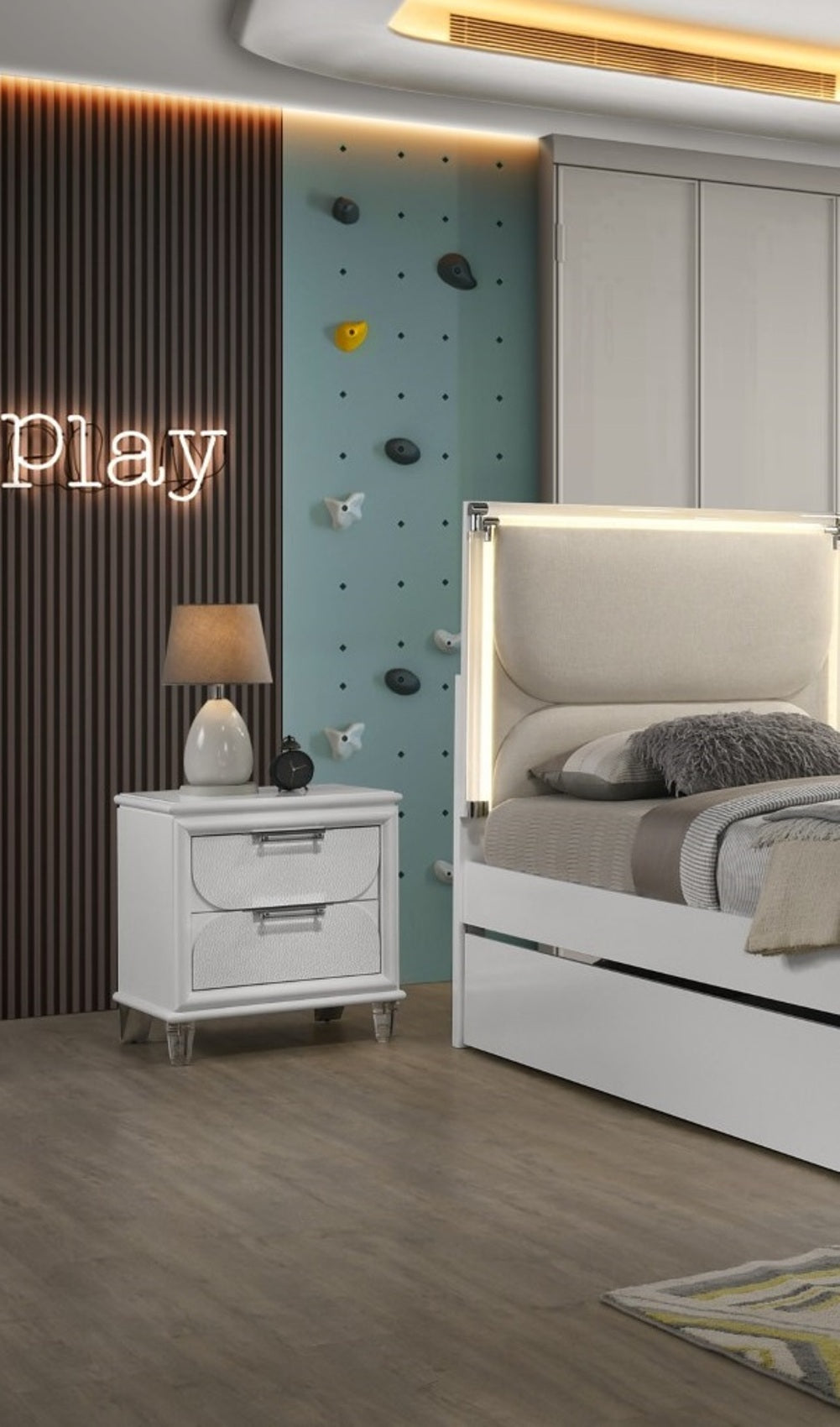 Contemporary Glam Pearl White Full Size Bed W Trundle 2x Nightstands Embossed Panel 3pc Bedframe Bedroom Furniture