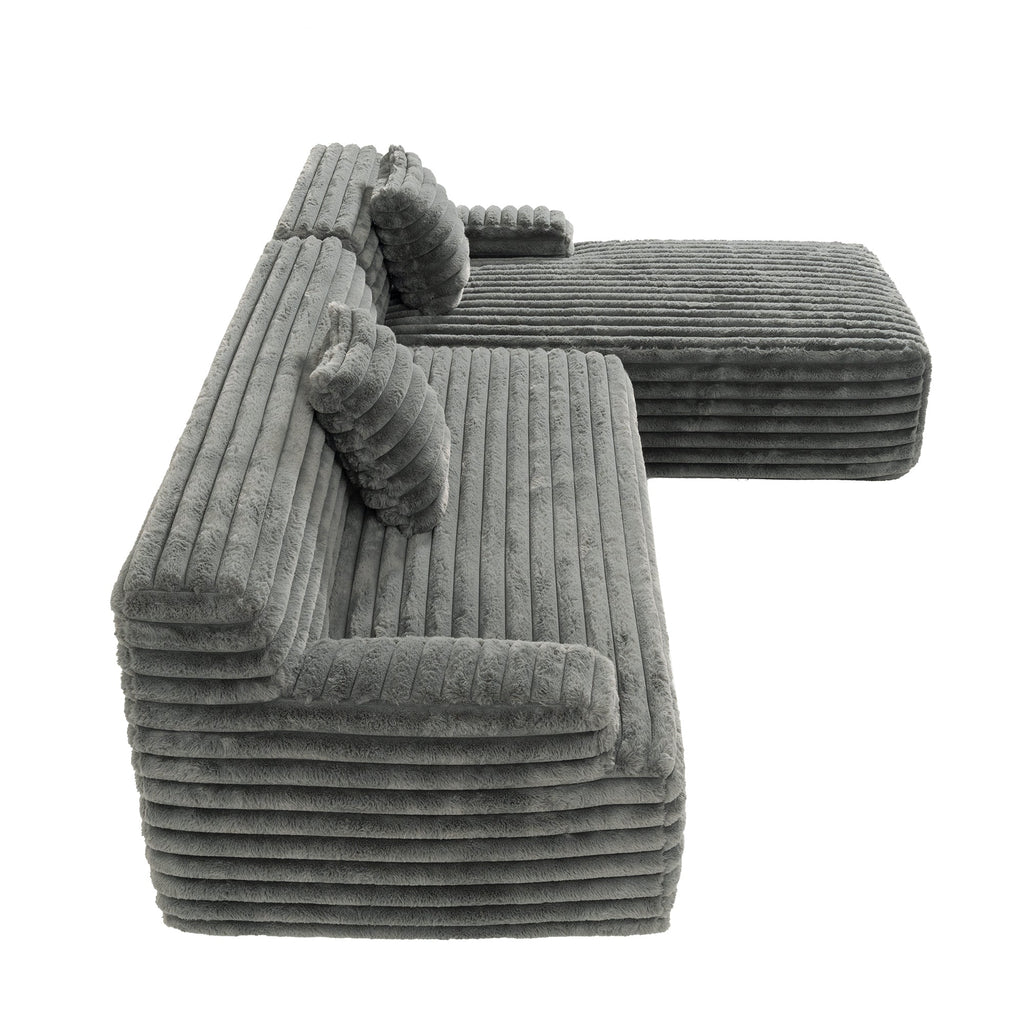 Cloud Sectional Sofa Upholstered Couch with Free-combined Design in Dark Gray Faux Rabbit Fur, 110'