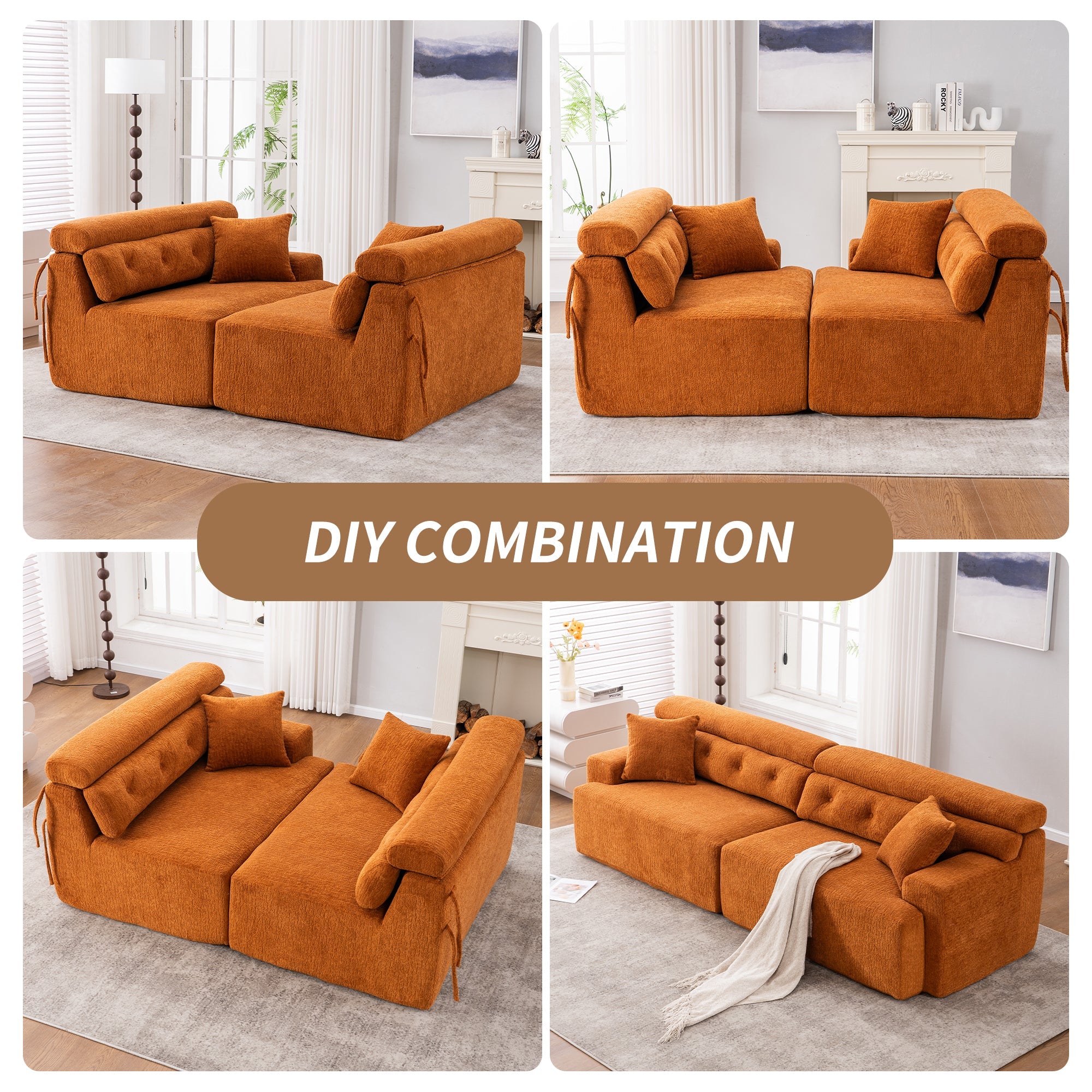 LY-029 Reconfigurable 4-Seater Sectional Sofa with Wood Grain Chenille Fabric, Amber Orange Modular Sofa with 2 Pillows, High-Density Sponge Couch for Living Room & Apartment