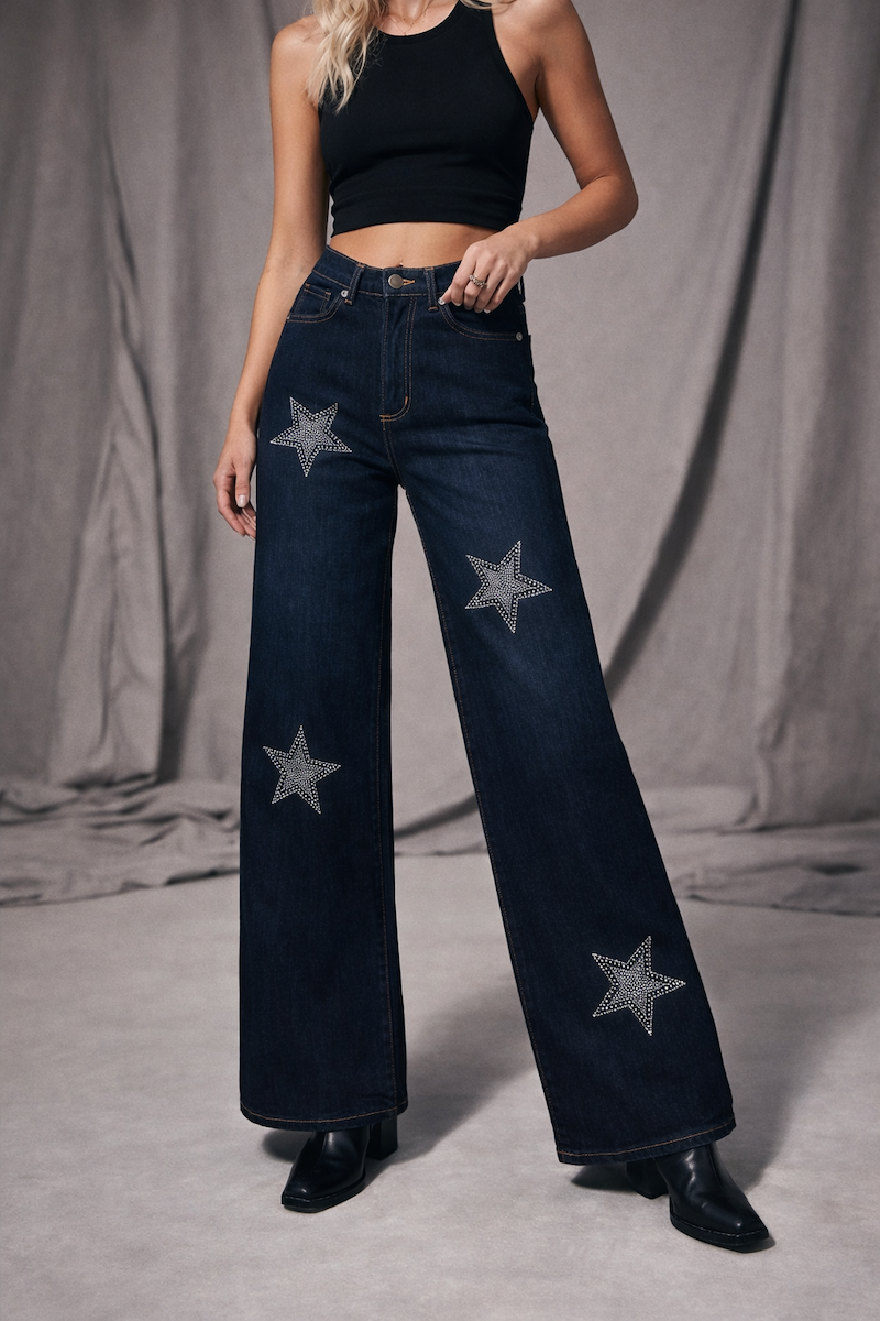 Star Rhinestones Wide Leg Jea