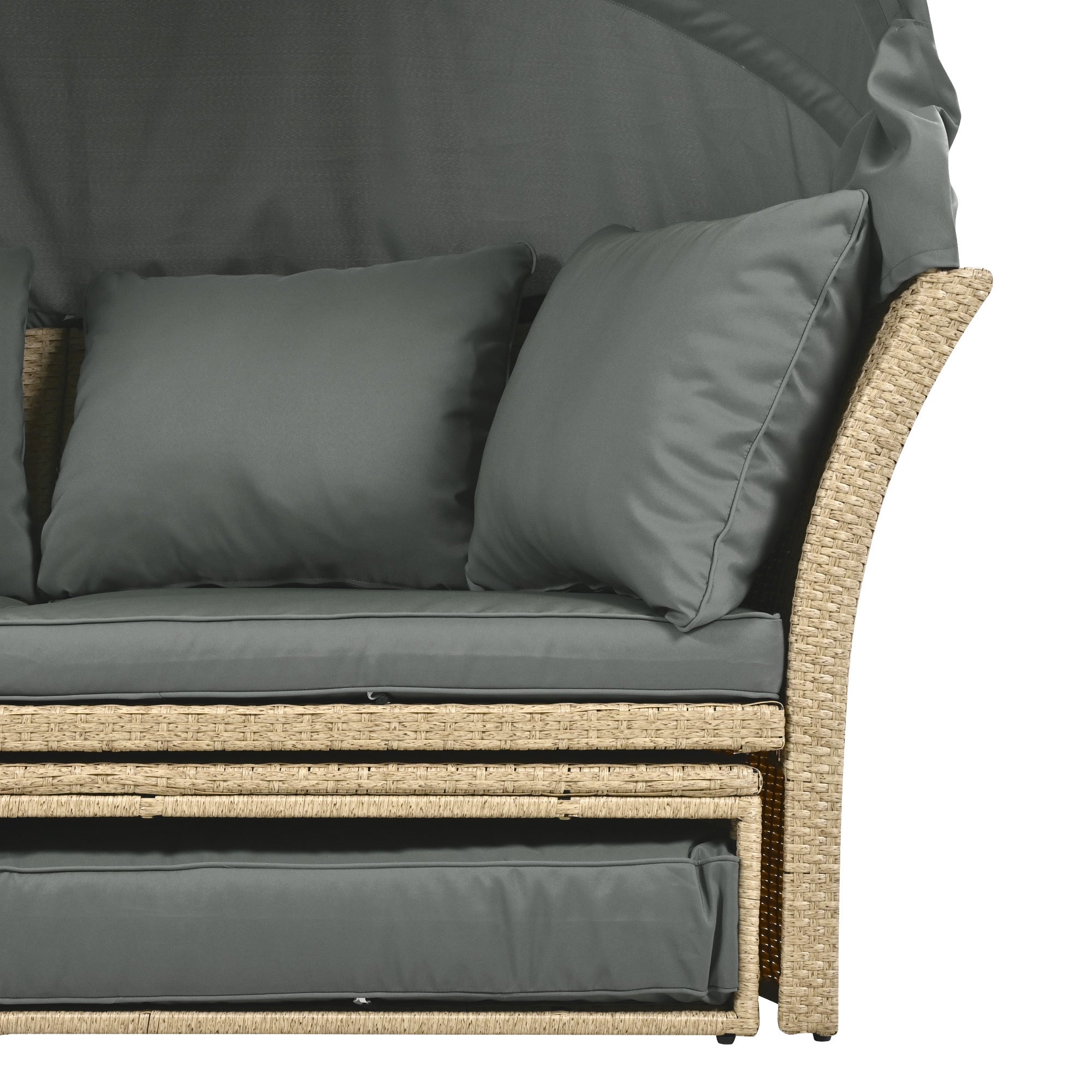 Outdoor Patio Daybed Wicker Rattan Double Daybed with Retractable Canopy, Grey, Polyester Upholstery, 71.7 x 63.4 x 62.2 inches