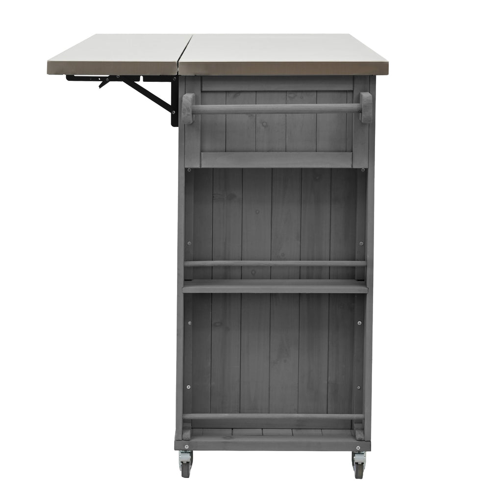 Outdoor Kitchen Island Fir Wood Kitchen Island with Stainless Steel Top, Ample Storage, Towel and Spice Racks, Bottle Opener, Grey