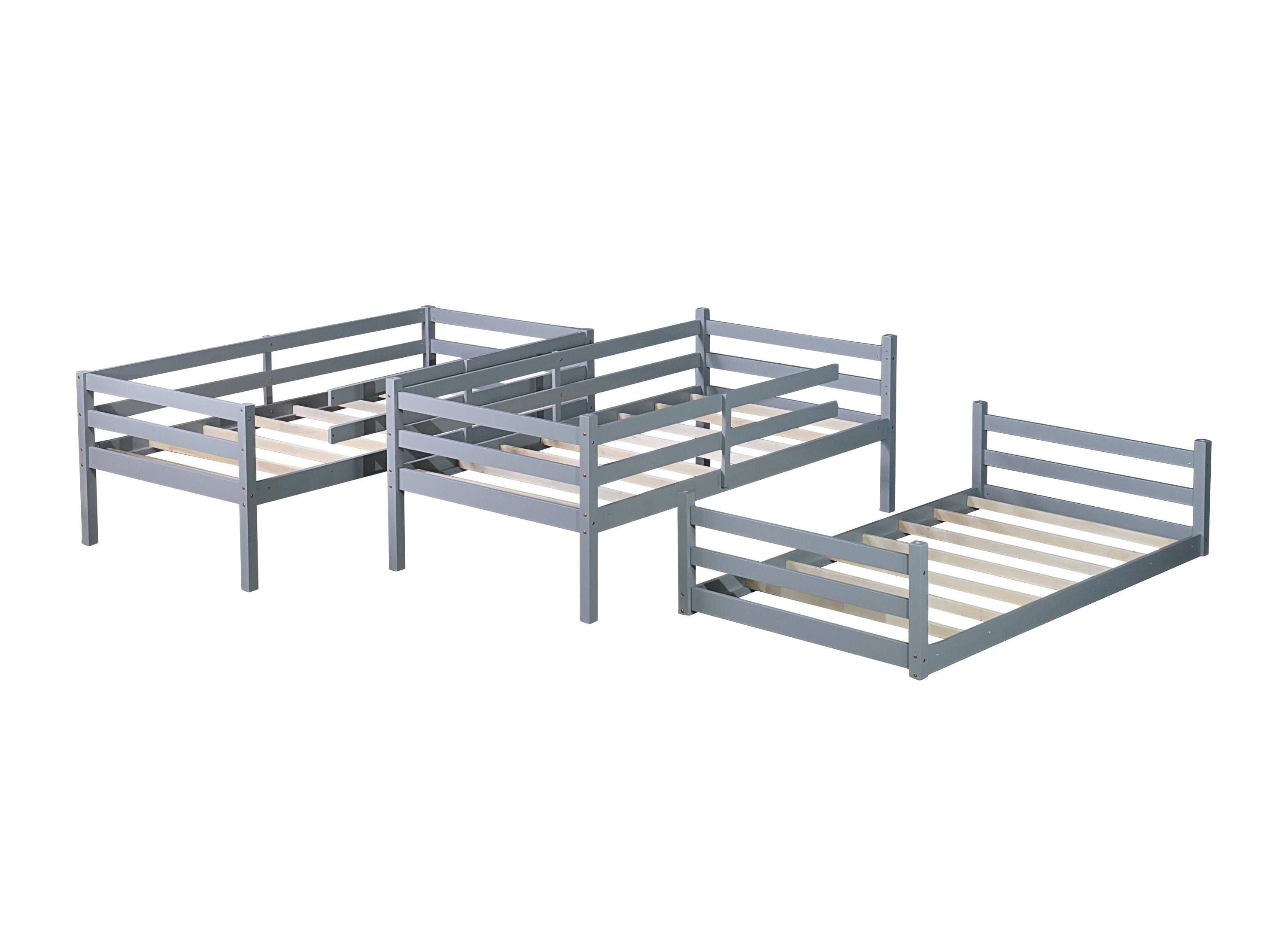 Triple Rubber Wood Bunk Bed with Two Built-in Ladders, Guardrails, Twin over Twin over Twin, Detachable Triple Twin Bunk Bed,Grey