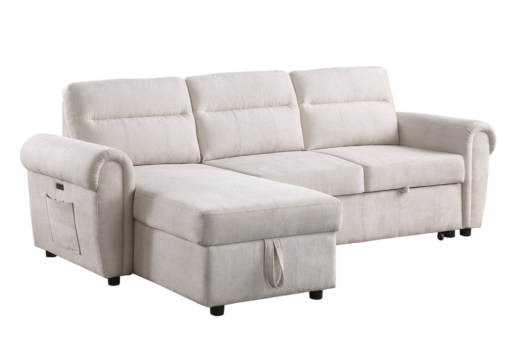 Hugo 97'W Beige Chenille Reversible Sleeper Sectional Sofa Chaise with USB Charger