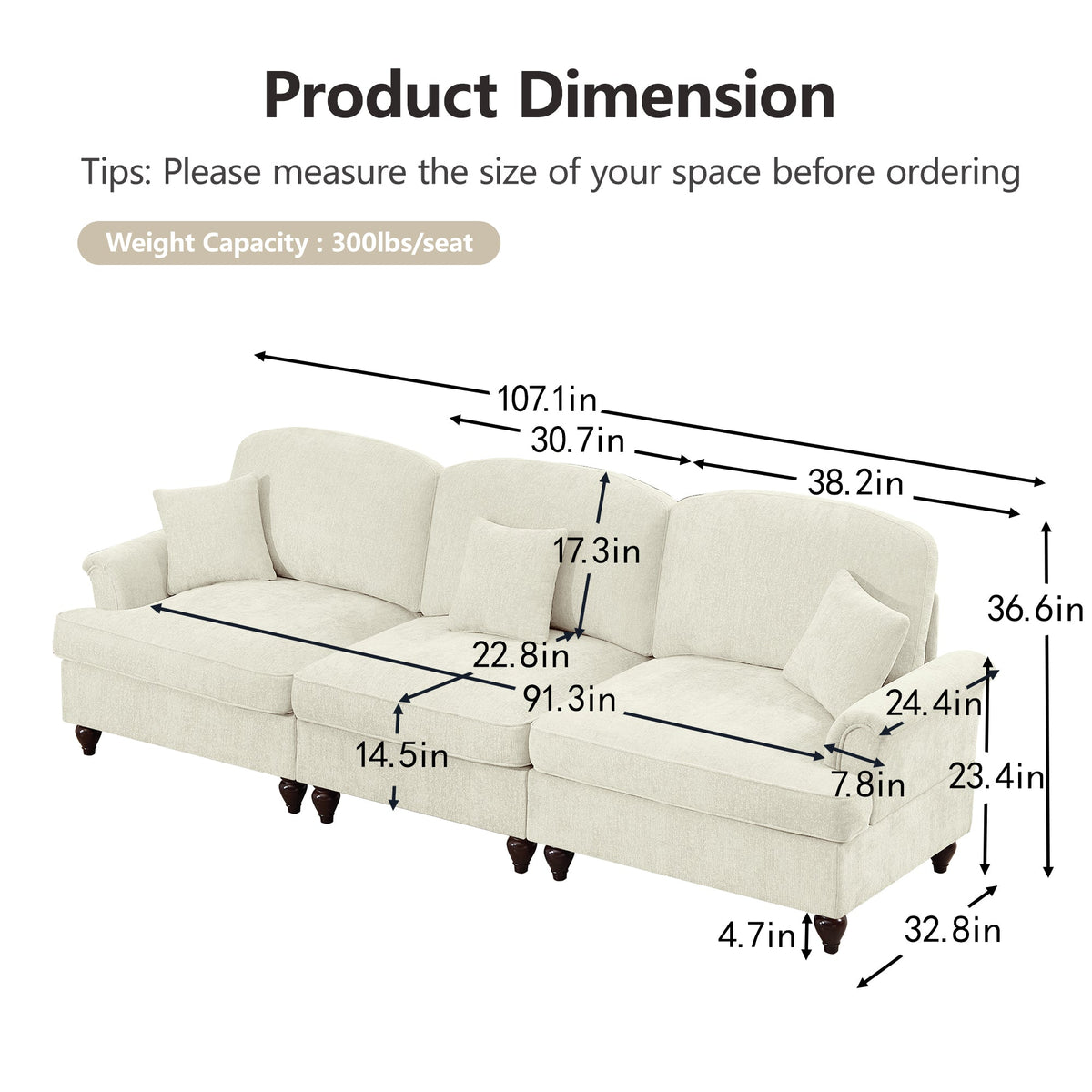 Classic 2 Piece Modular Couch Living Room Sofa Set with Flared Arms and Removable Ruffles Pleats Skirts and Spindle Legs, 3 Seater Sofa + 2-Seat Loveseat Sofa Sets for Living Room, Beige White