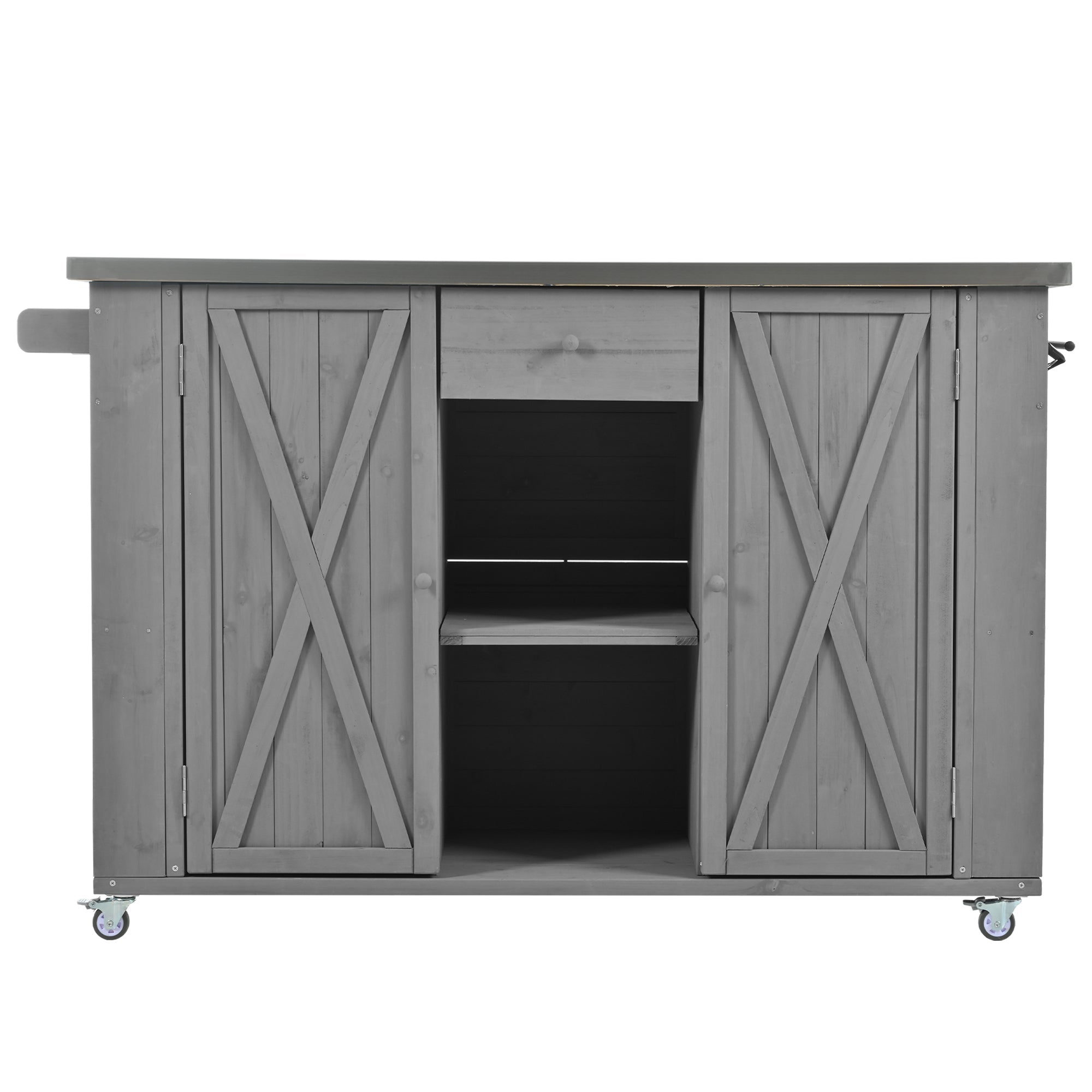 Outdoor Kitchen Island Fir Wood Kitchen Island with Stainless Steel Top, Ample Storage, Towel and Spice Racks, Bottle Opener, Grey