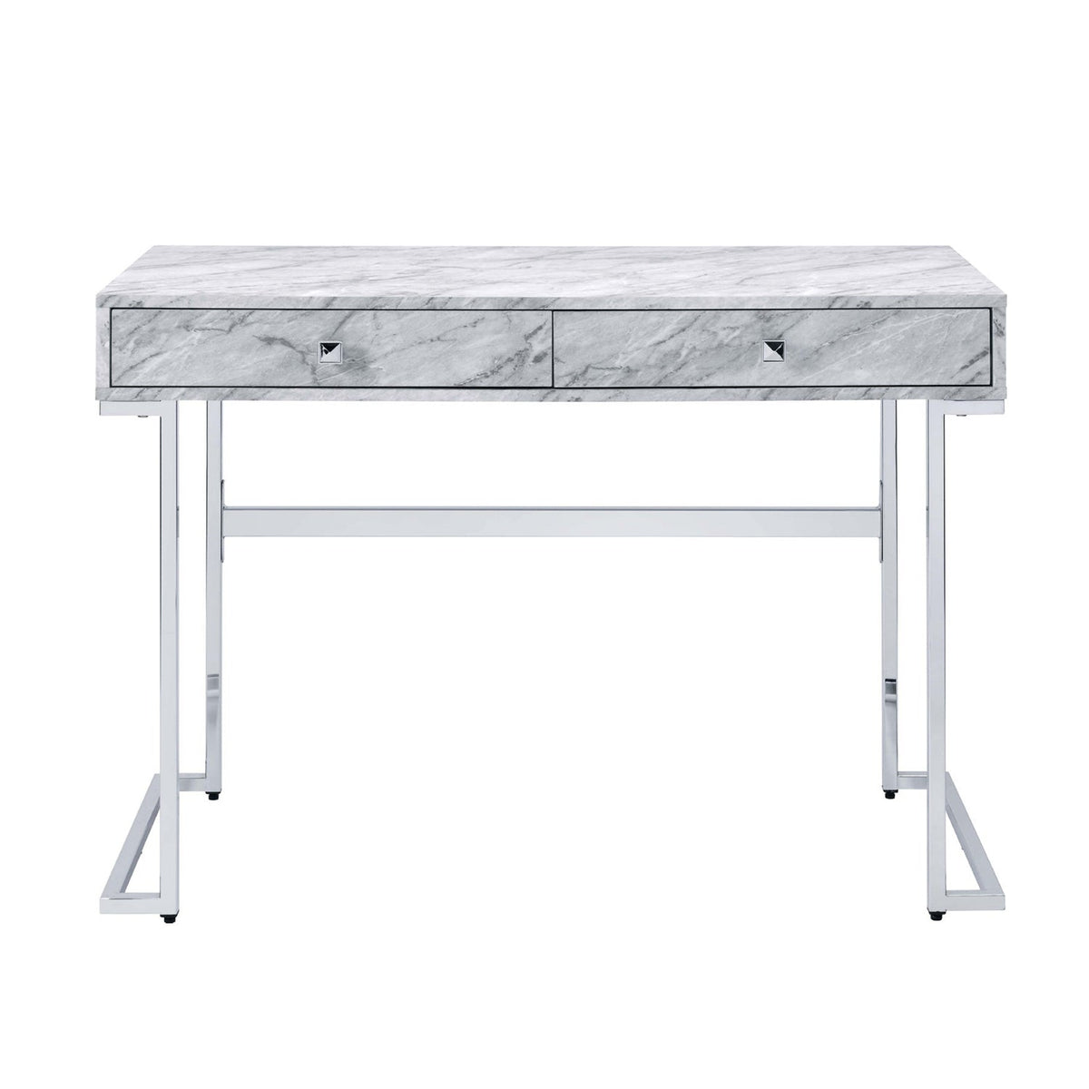 Rectangular Writing Desk with 2 Drawers, White Engineered Stone Top and Chrome
