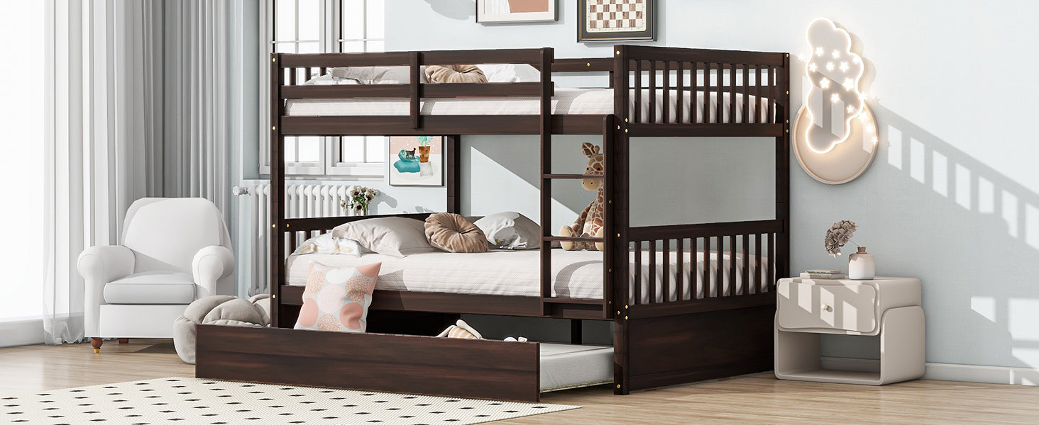 Full Over Full Rubber Wood Bunk Bed with Trundle, Ladder and Guardrails, Convertible to 2 Full Size Beds, with Twin Size Trundle ,Espresso