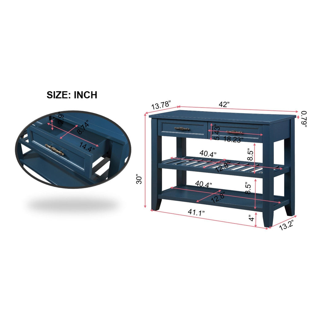 Console Sofa Table with 2 Storage Drawers and 2 Tiers Shelves, Mid-Century Style 42'' Solid Wood Buffet Sideboard for Living Room Furniture Kitchen Dining Room Entryway Hallway,Navy Blue
