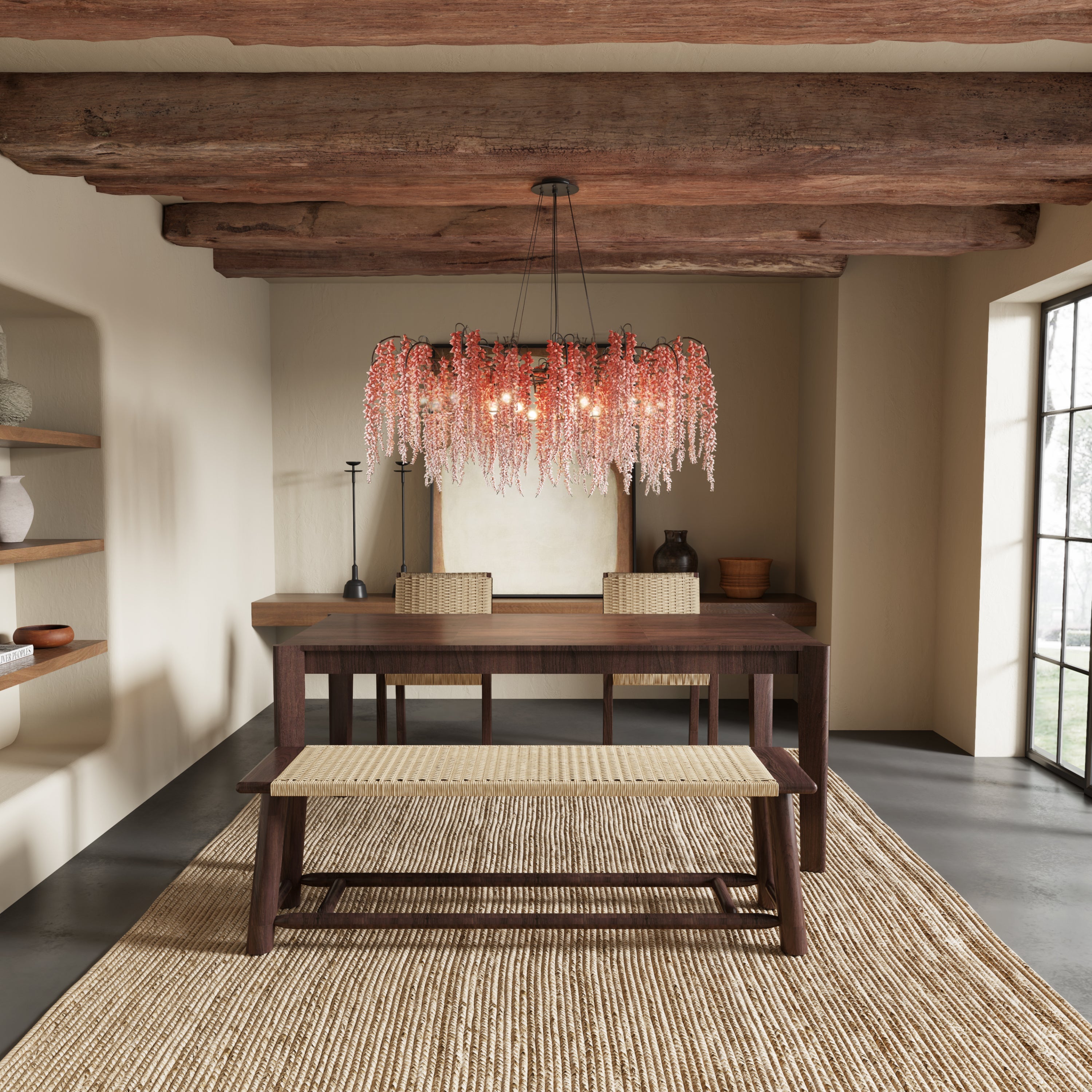 Modern Farmhouse Extendable Dining Table Set with Solid Wood Rattan Chairs – Expandable 59' to 73' for 4-8 Guests in Walnut & Champagne