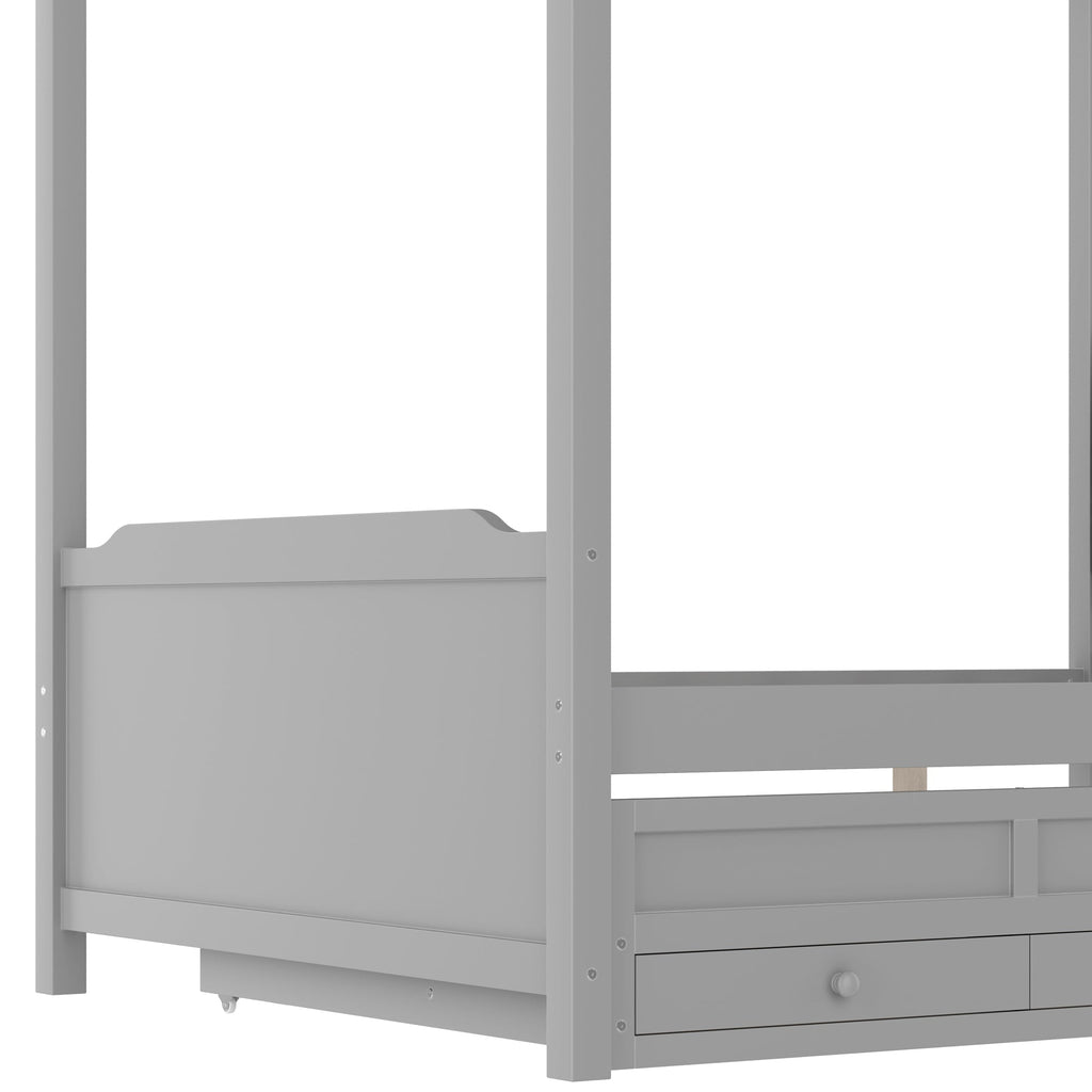 Full Platform Bed with Upholstered Headboard,Twin Size Trundle and 3 Drawers,Princess Canopy Bed Frame for Kids,Storage & Easy Assembly,Gray.