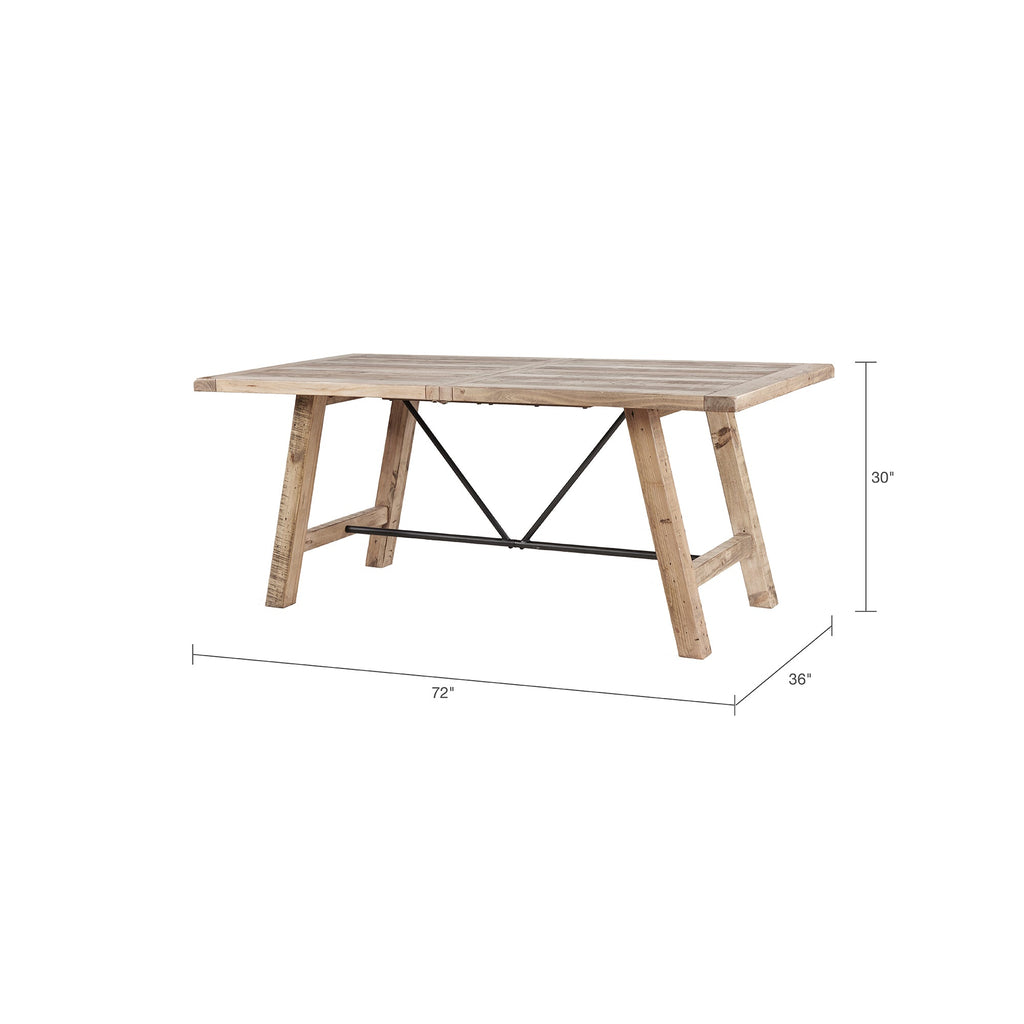 Rustic Dining Table with Metal Support in Natural Pine Wood Finish, 72 x 36 inches