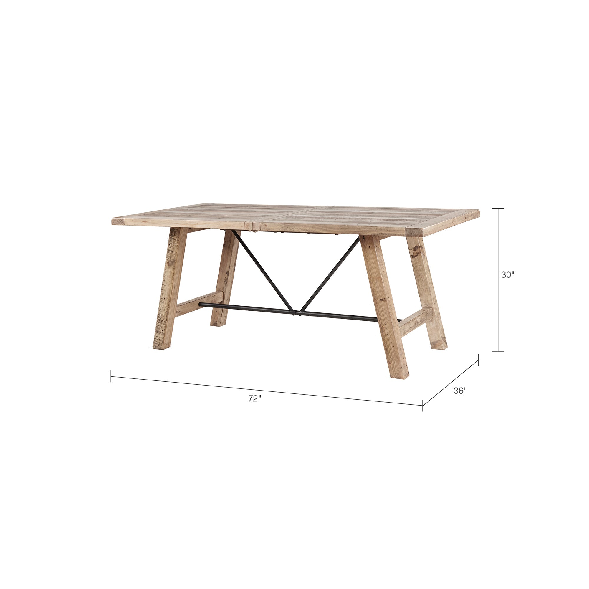 Rustic Dining Table with Metal Support in Natural Pine Wood Finish, 72 x 36 inches