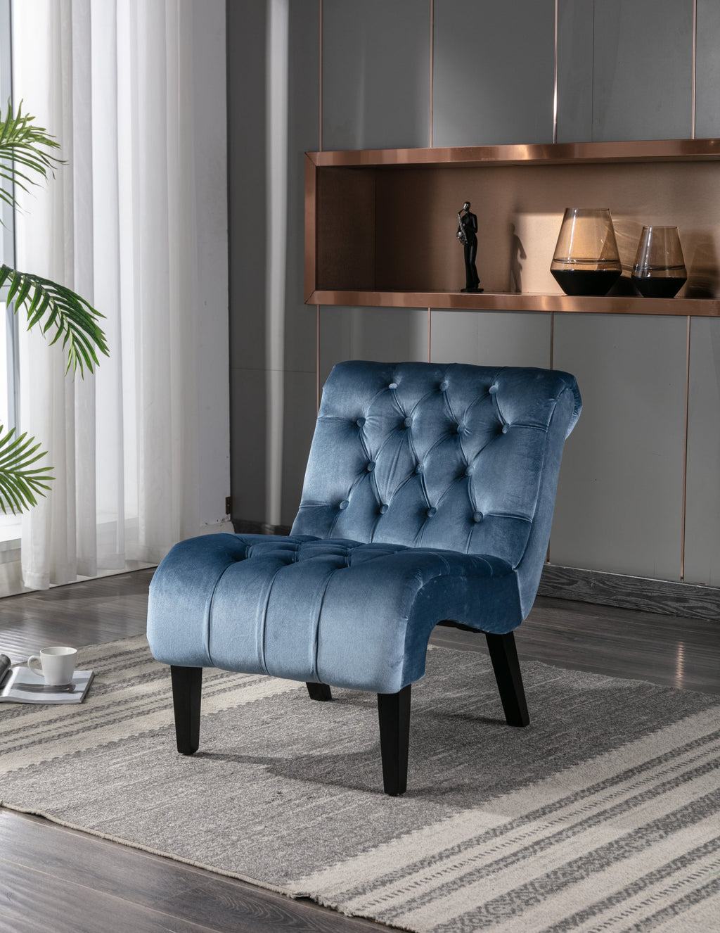 COOLMORE Modern Velvet Armless Accent Living Room Chair / Leisure Chair,Upholstered Fabric Button Comfortable Chair with Wooden Legs for Bedroom, Living Room, Office (Light Blue Velvet)