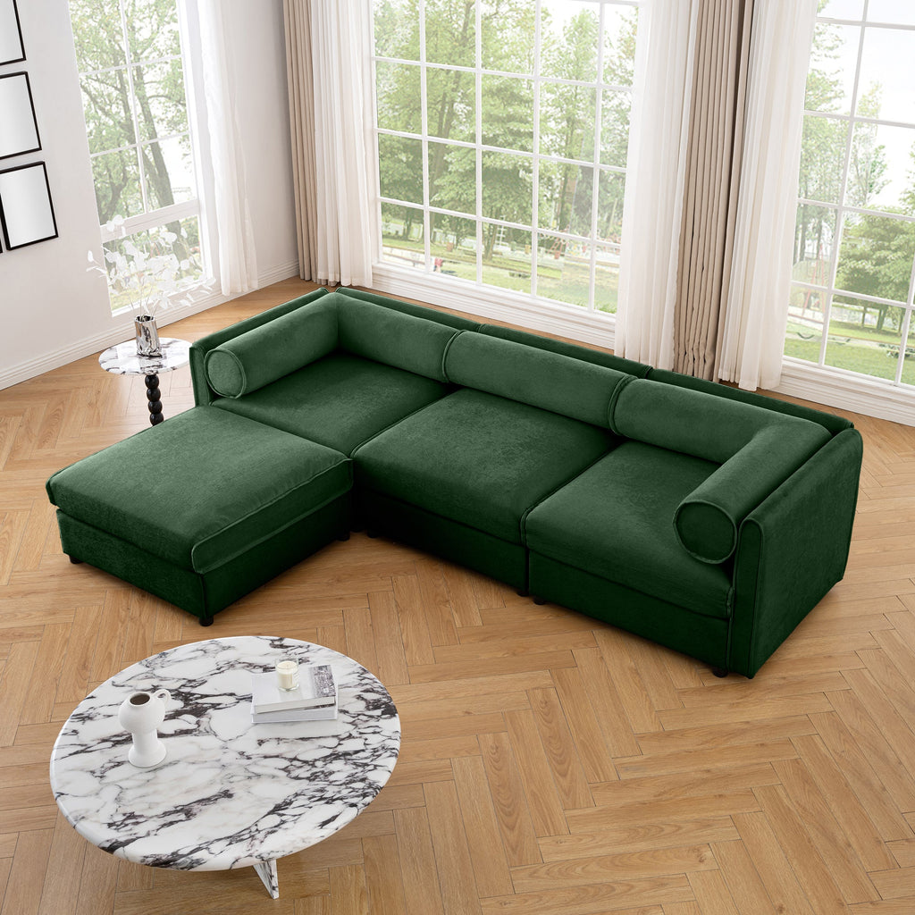 Elegant Green Chenille  Sofa with Storage Seat and Ottoman, L-Shaped 3-Seater Cylindrical Backrest and Armrests, Contemporary 3-Seater Fabric Couch with Hidden Storage Compartment