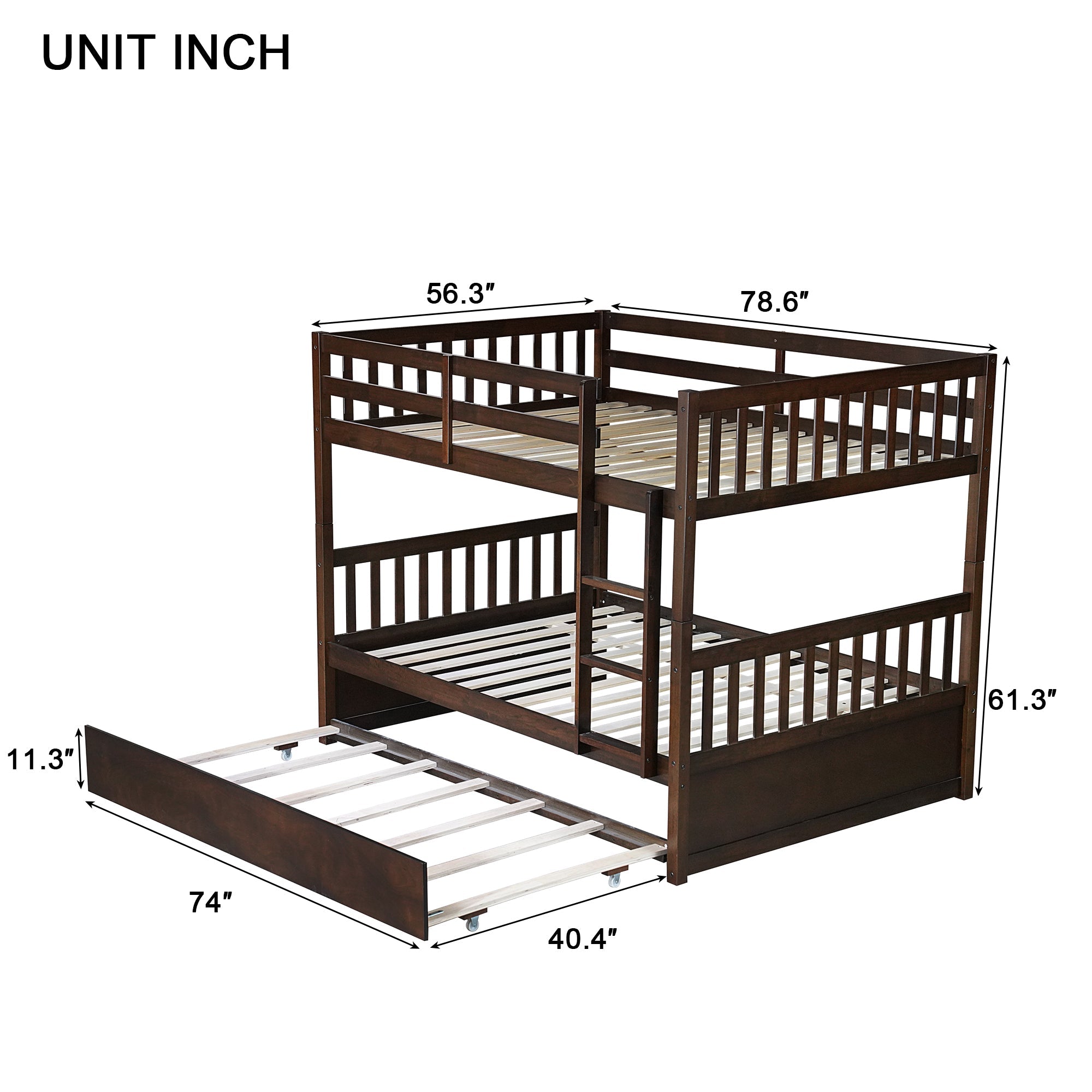 Full Over Full Rubber Wood Bunk Bed with Trundle, Ladder and Guardrails, Convertible to 2 Full Size Beds, with Twin Size Trundle ,Espresso