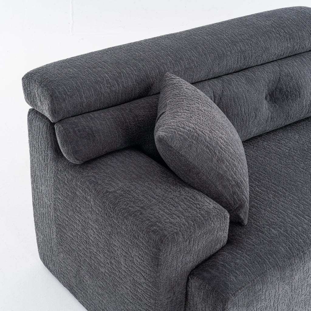 LY-029 GRAY COMPRESSION SOFA: 4-seater combined sofa, Wood Grain Chenille fabric, full sponge compression sofa,combined sofa with 2 pillows  for living/ Home Furniture/ Apartment