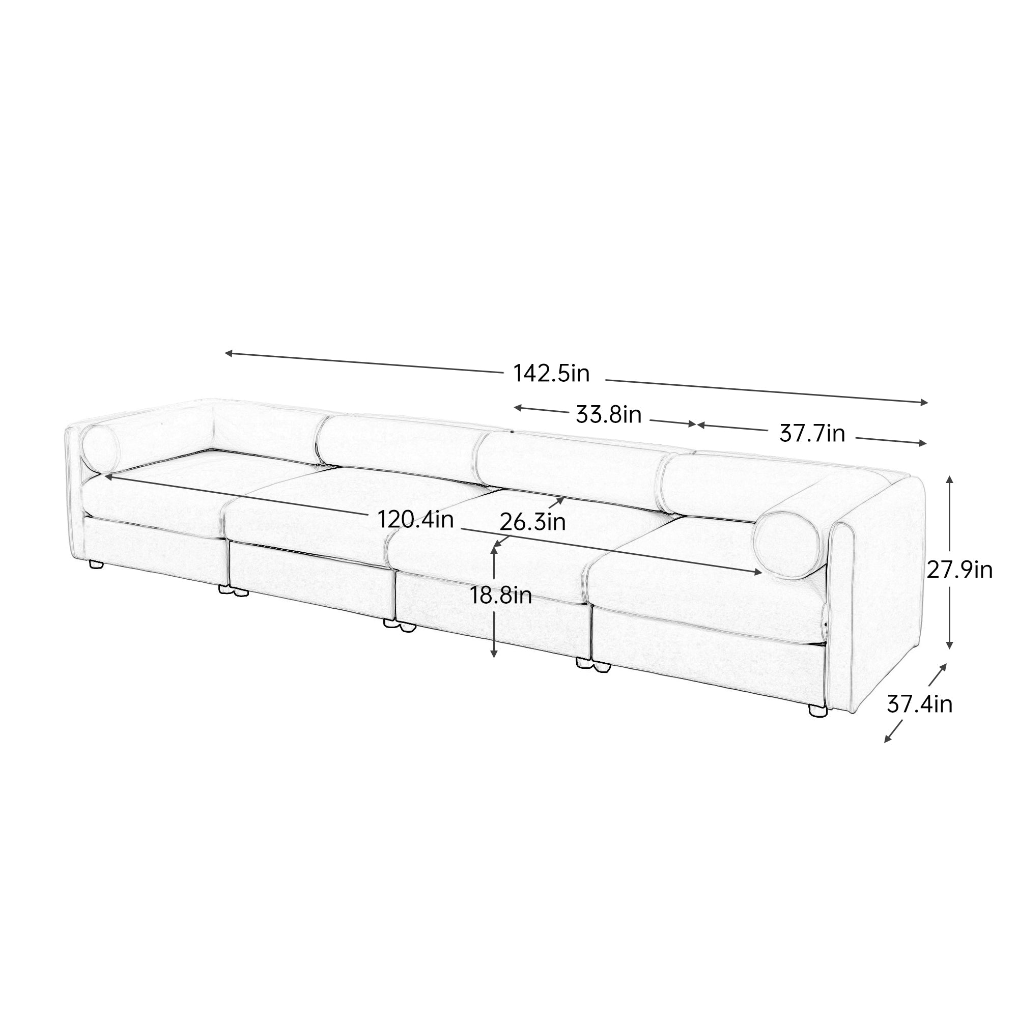 Modular Sectional Sofa with Storage, Cylindrical Backrest and Armrests Deep Comfortable Seating,Durable and Supportive for Living Room,4 Seat Sofa,Green