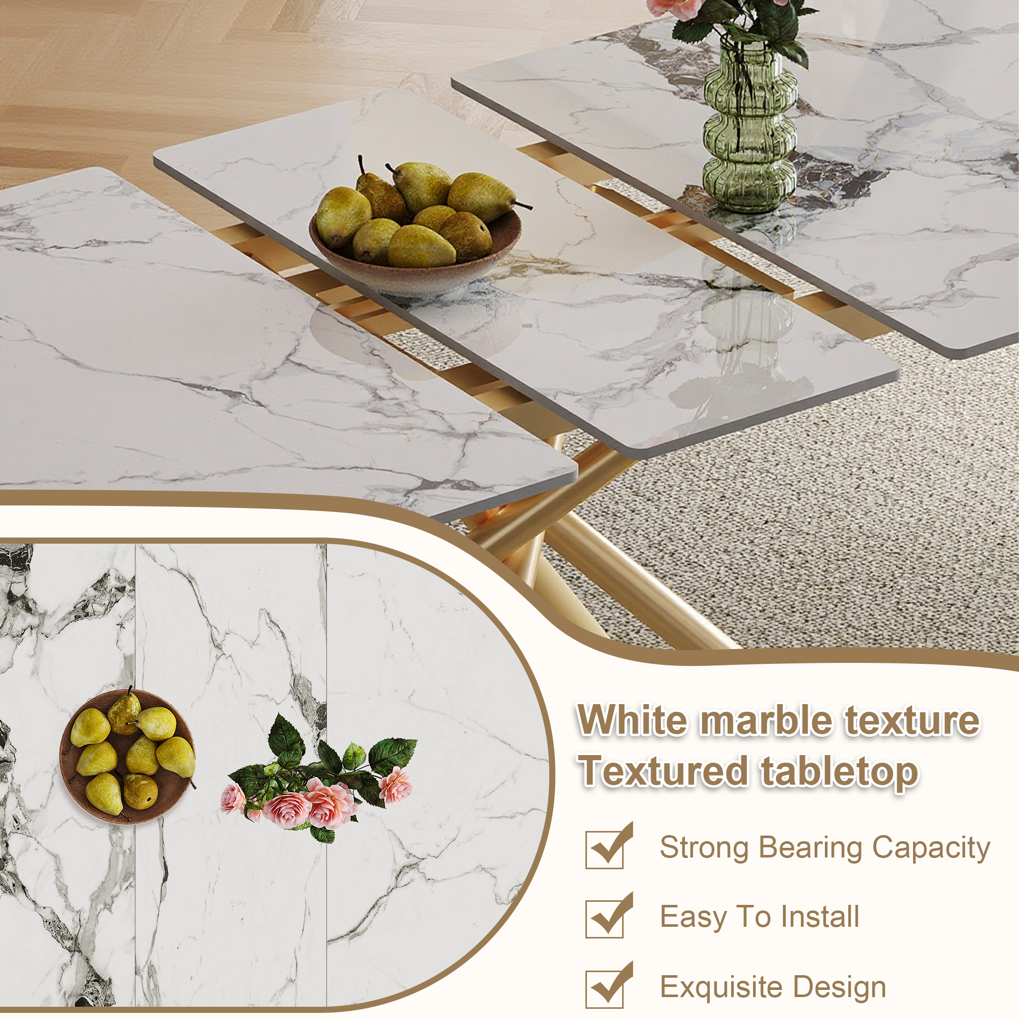 59-inch Modern rectangle Expandable Dining Table with Retractable Leaf, Sintered Stone Top & Golden Carbon Steel X-Base, Sturdy 4-6 Person Table for Small Apartments, Kitchen, Dining Room