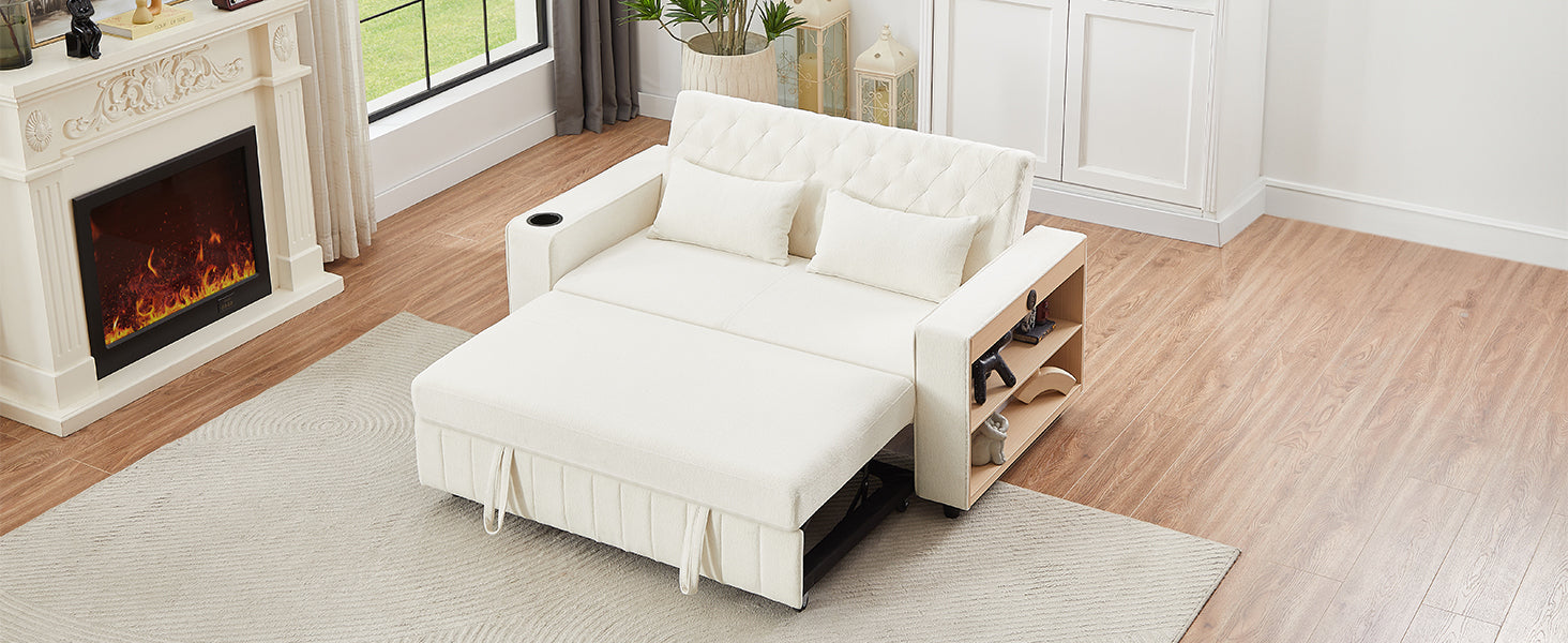 61.4' Pull-out Sofa Bed Convertible Couch Loveseat Sofa Modern Sleeper Sofa with Adjustable Backrest for Living Room, Beige