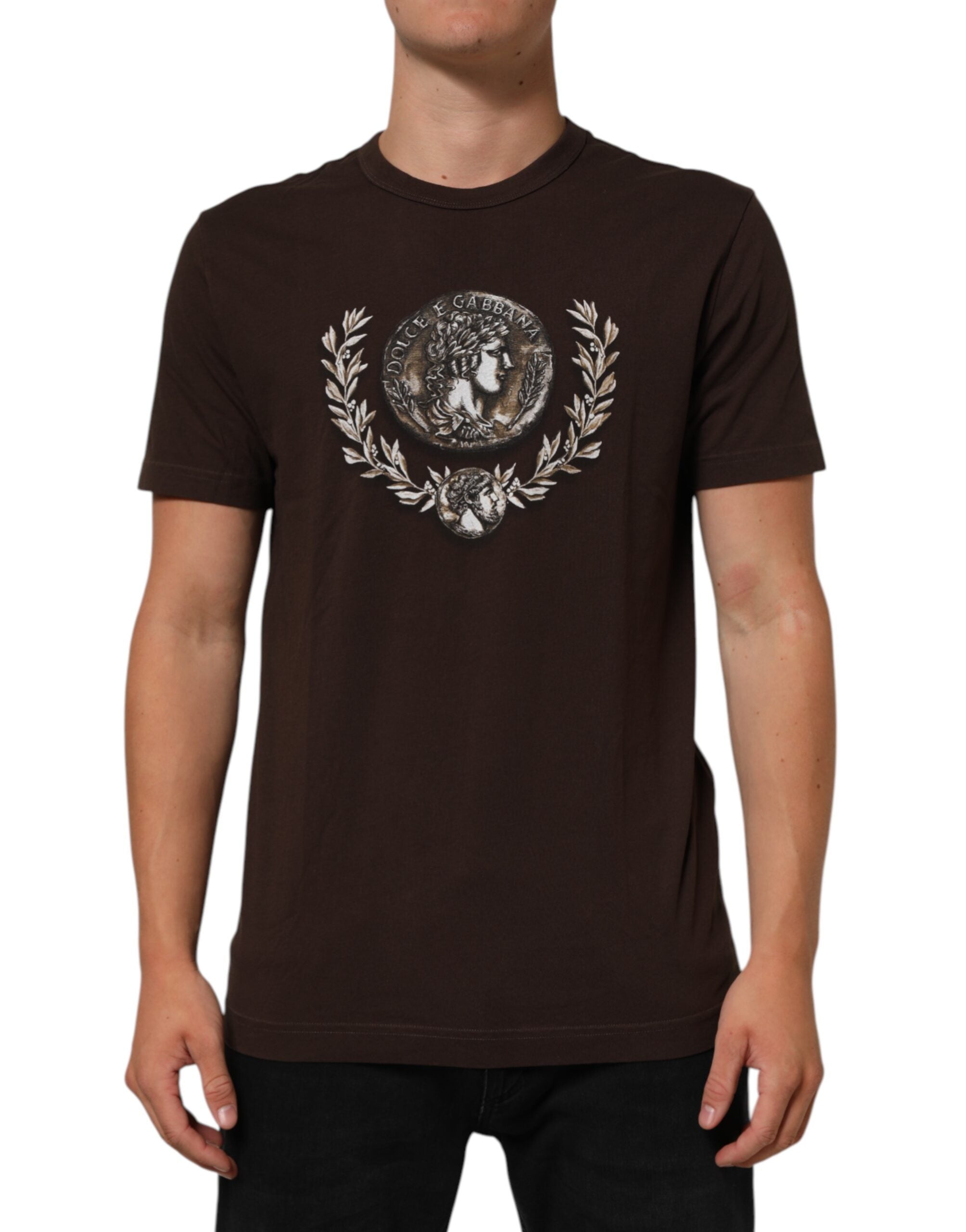 Dolce & Gabbana Brown Coin Laurel Print Men Crew Neck T-shirt
