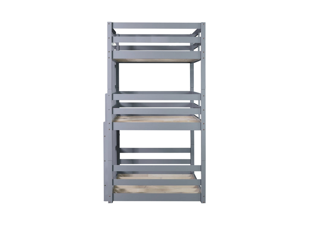 Triple Rubber Wood Bunk Bed with Two Built-in Ladders, Guardrails, Twin over Twin over Twin, Detachable Triple Twin Bunk Bed,Grey