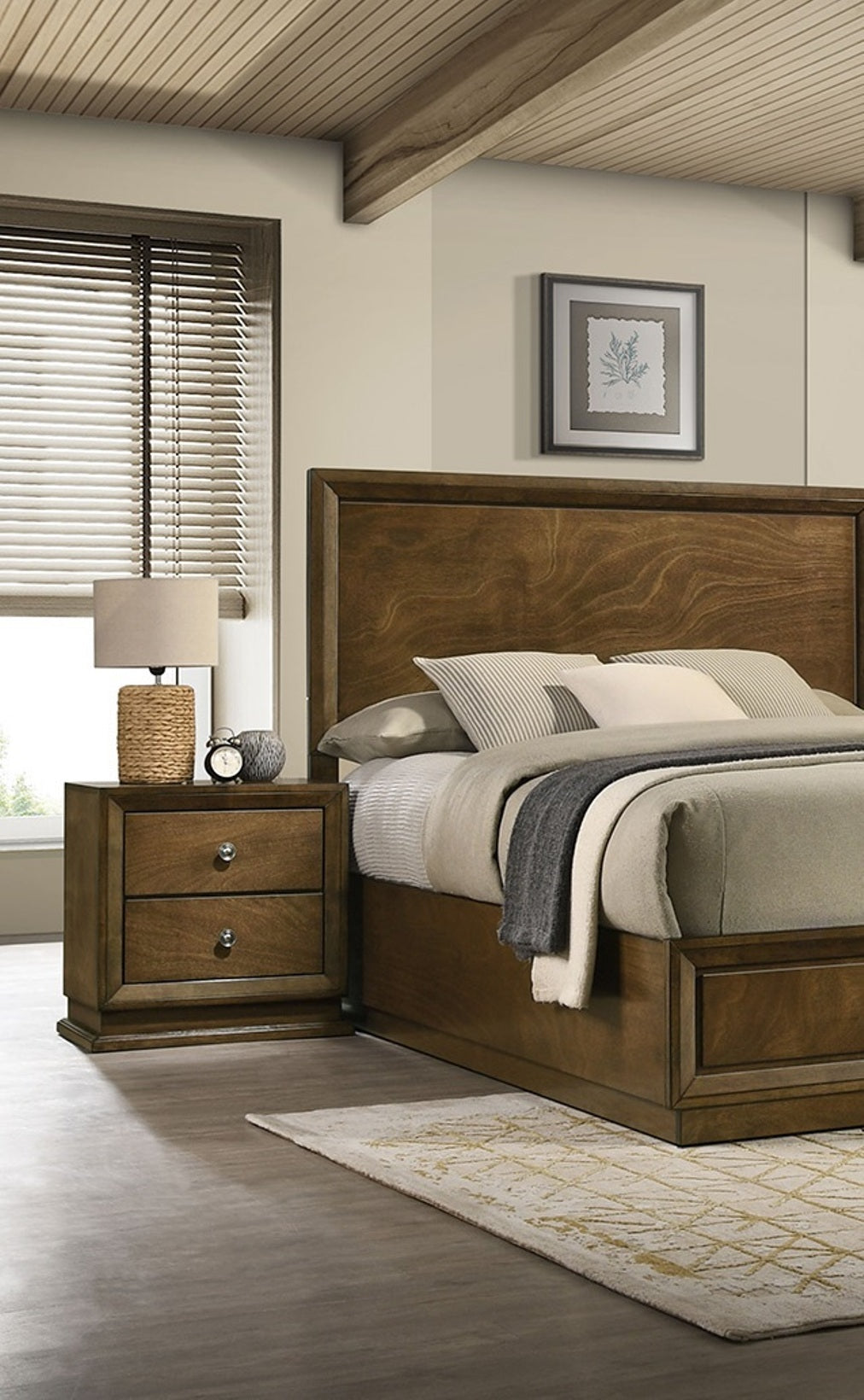 Walnut Color Transitional Style Twin Size Bed 2x Nightstands 3pc Set Bedroom Furniture Metal Knobs