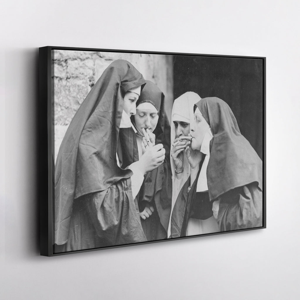 Smoking Nuns Canvas Wall Art - Funny Religious Wall Decor Print