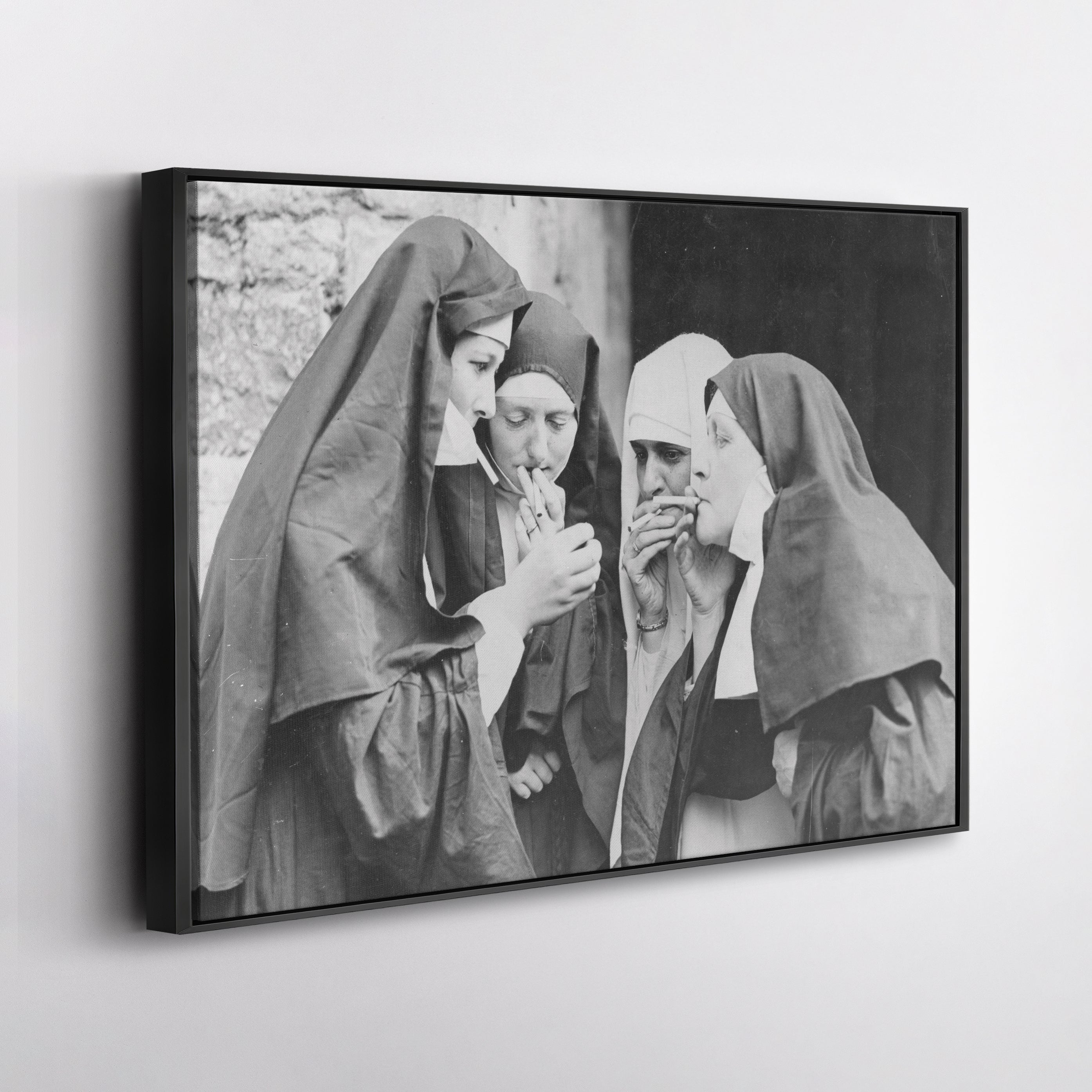 Smoking Nuns Canvas Wall Art - Funny Religious Wall Decor Print