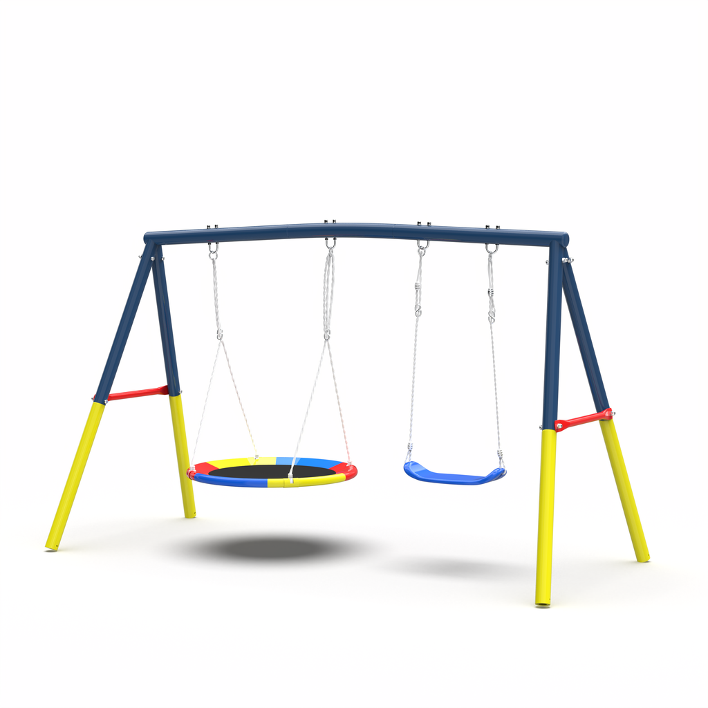 Swing Set for Backyard, 440lbs Swing Set with Heavy-Duty A-Frame Metal Outdoor Swing Stand, 1 Saucer Swing Seat & 1 Belt Swings Seat