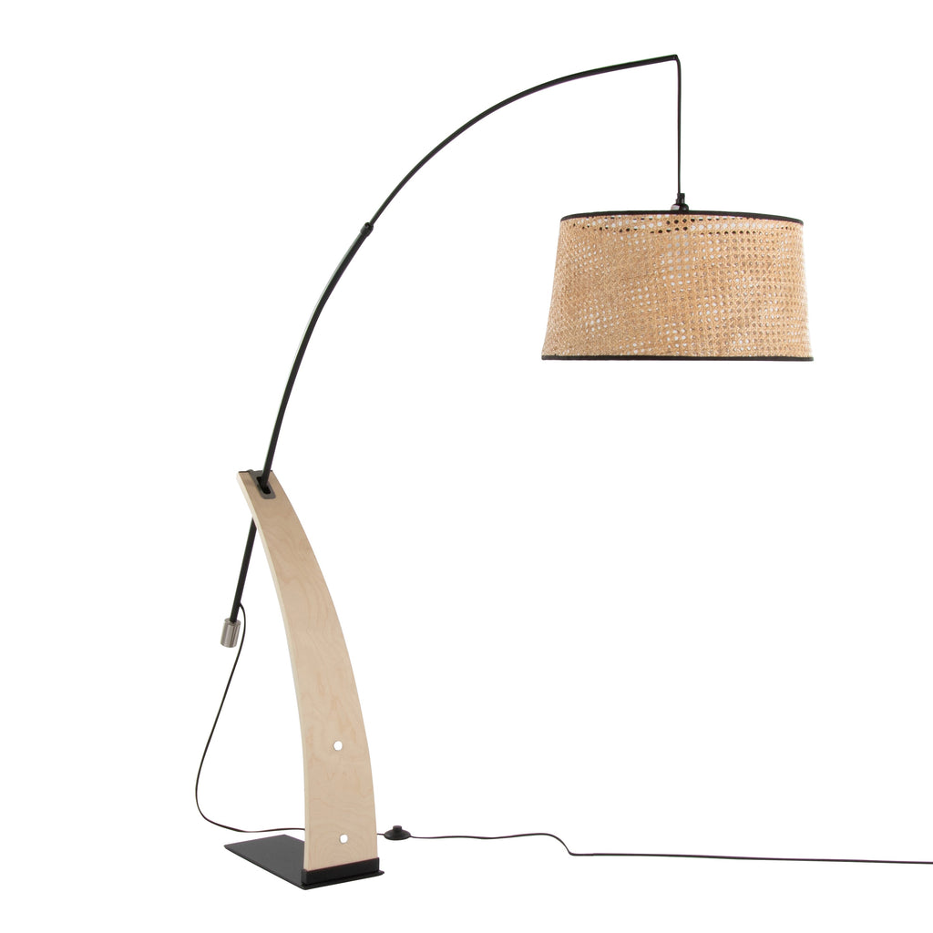 Robyn-Salon Mid-Century Modern Floor Lamp in Natural Wood and Black Metal with Natural Rattan Shade by LumiSource