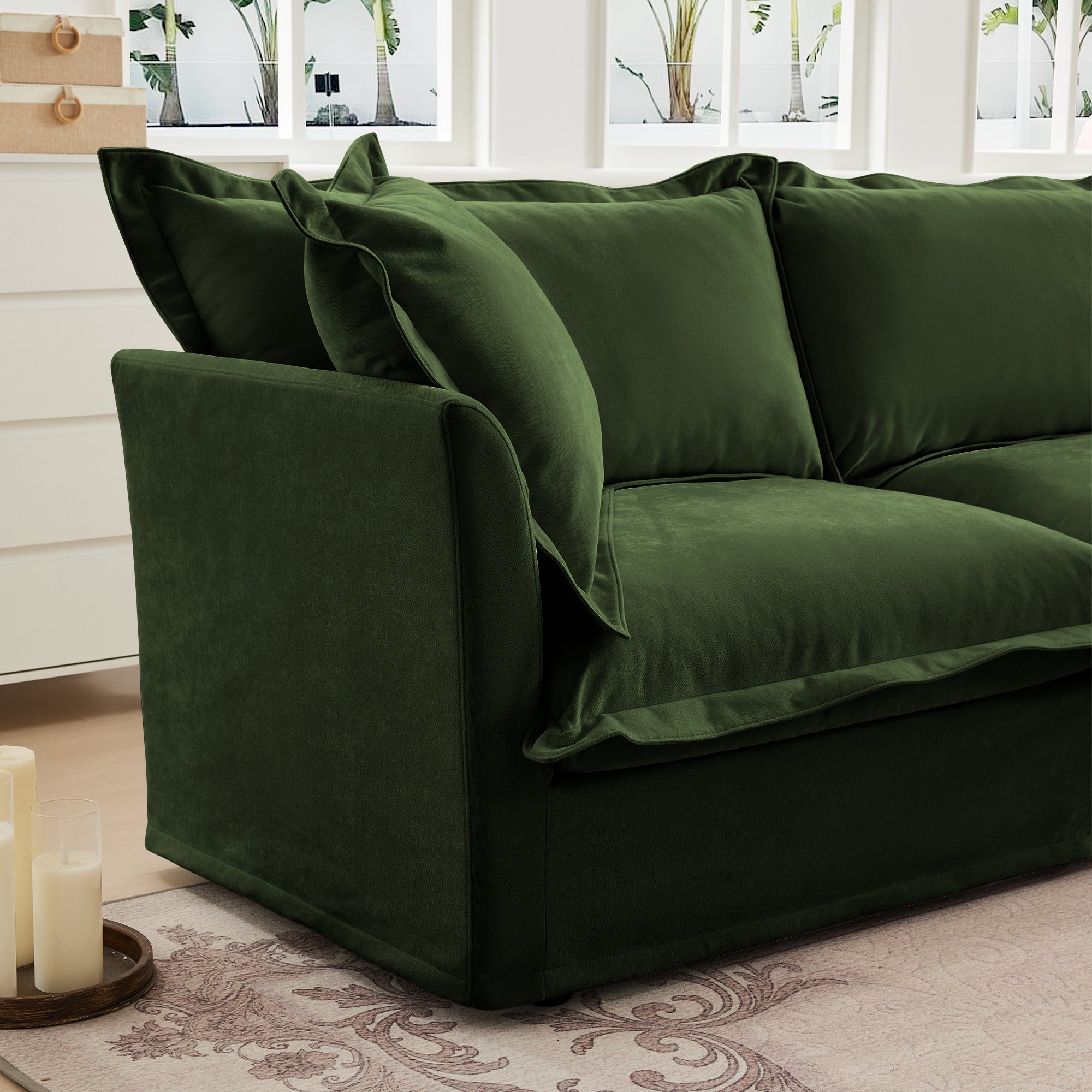 Living Room Sofa Slipcovered Sofa 3 Seater Sofa With 3 Ottomans, Oversized 3-Seat Sleeper Sofa Bed Home Theater Sofa,  Chenille, Green