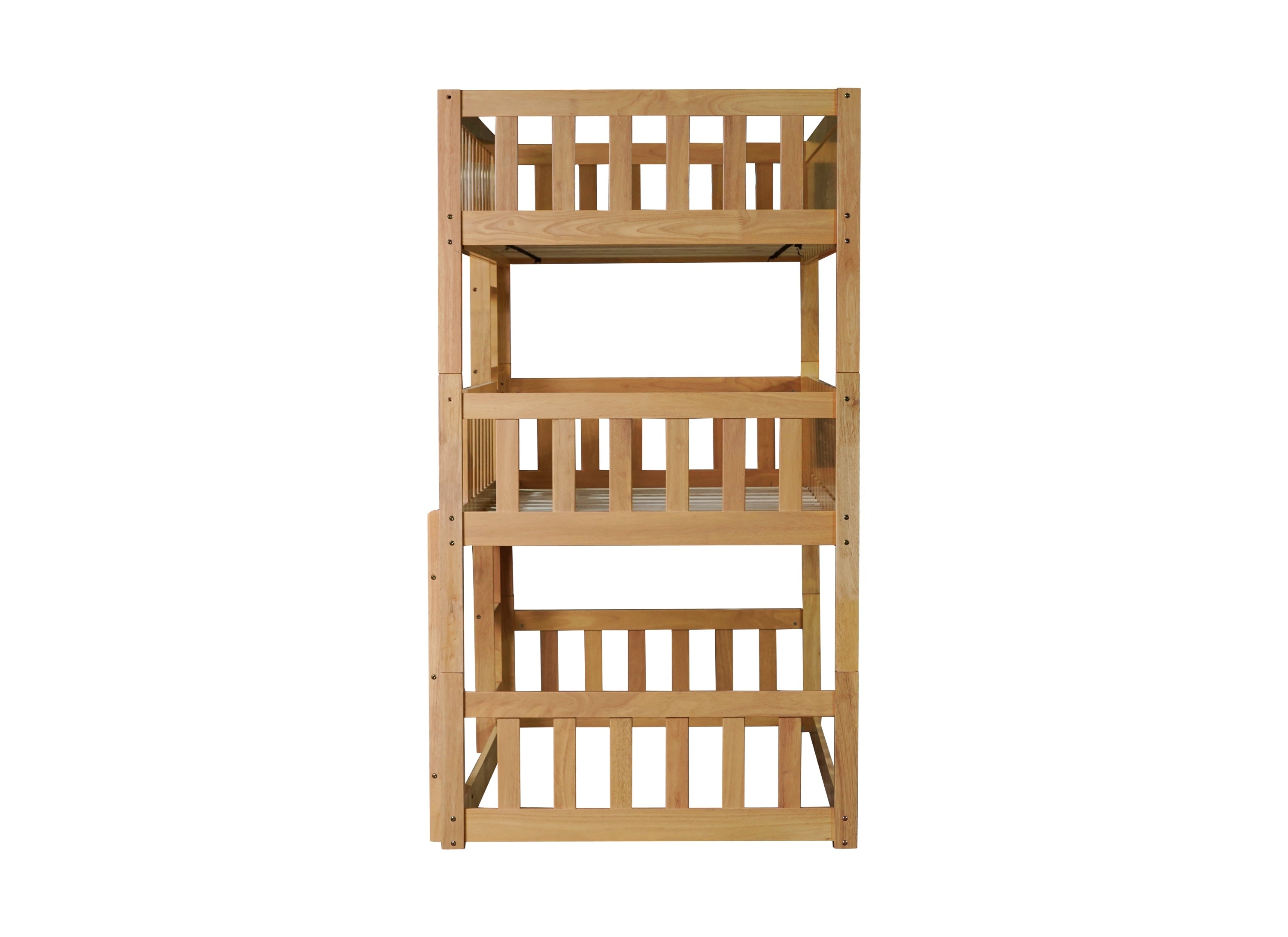 Twin Size Triple Rubber Wood Bunk Bed, with Ladders, Guardrails Detachable Bunk Bed, Twin over Twin over Twin,Natural