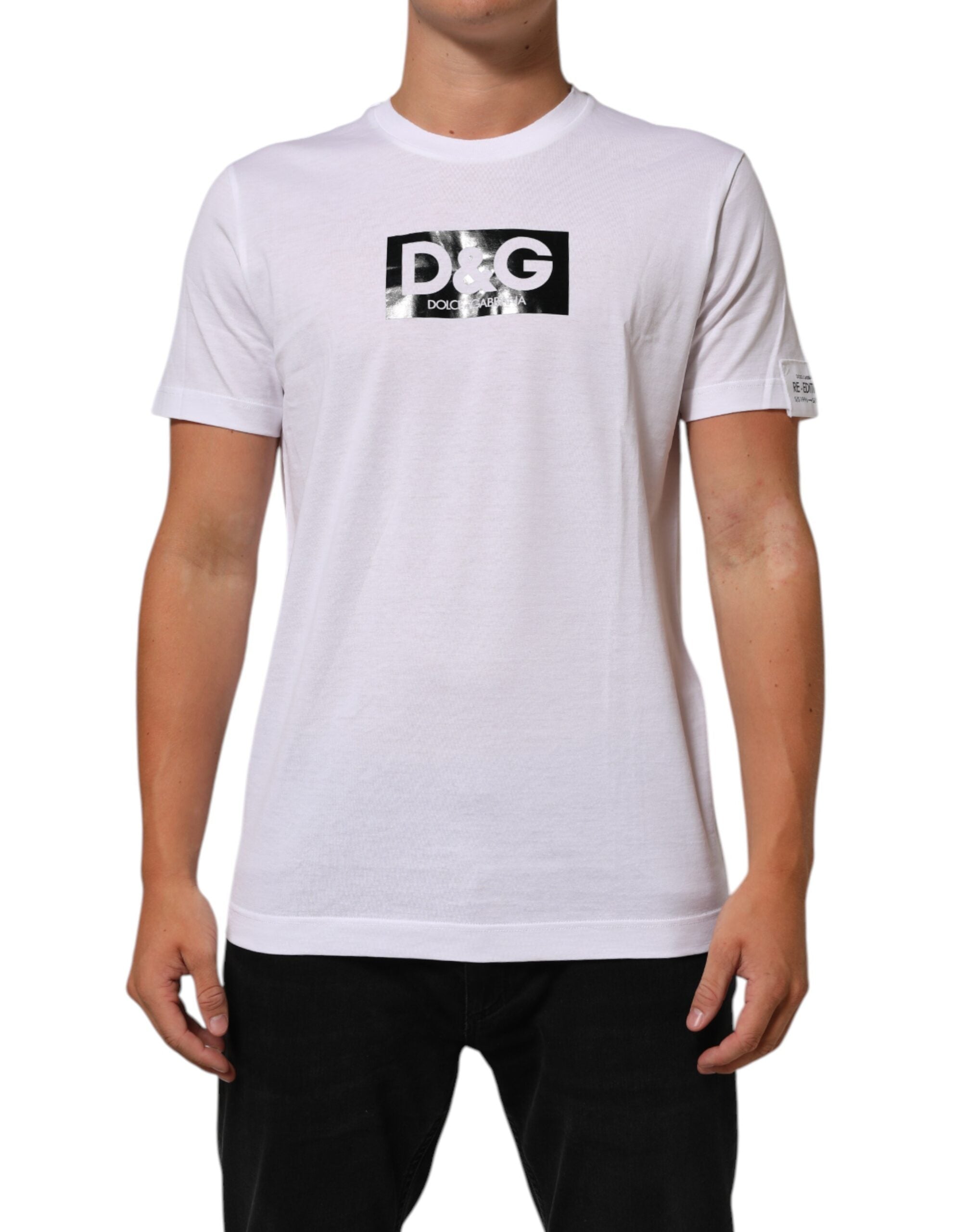 Dolce & Gabbana White Logo Print Cotton Crew Neck T-shirt