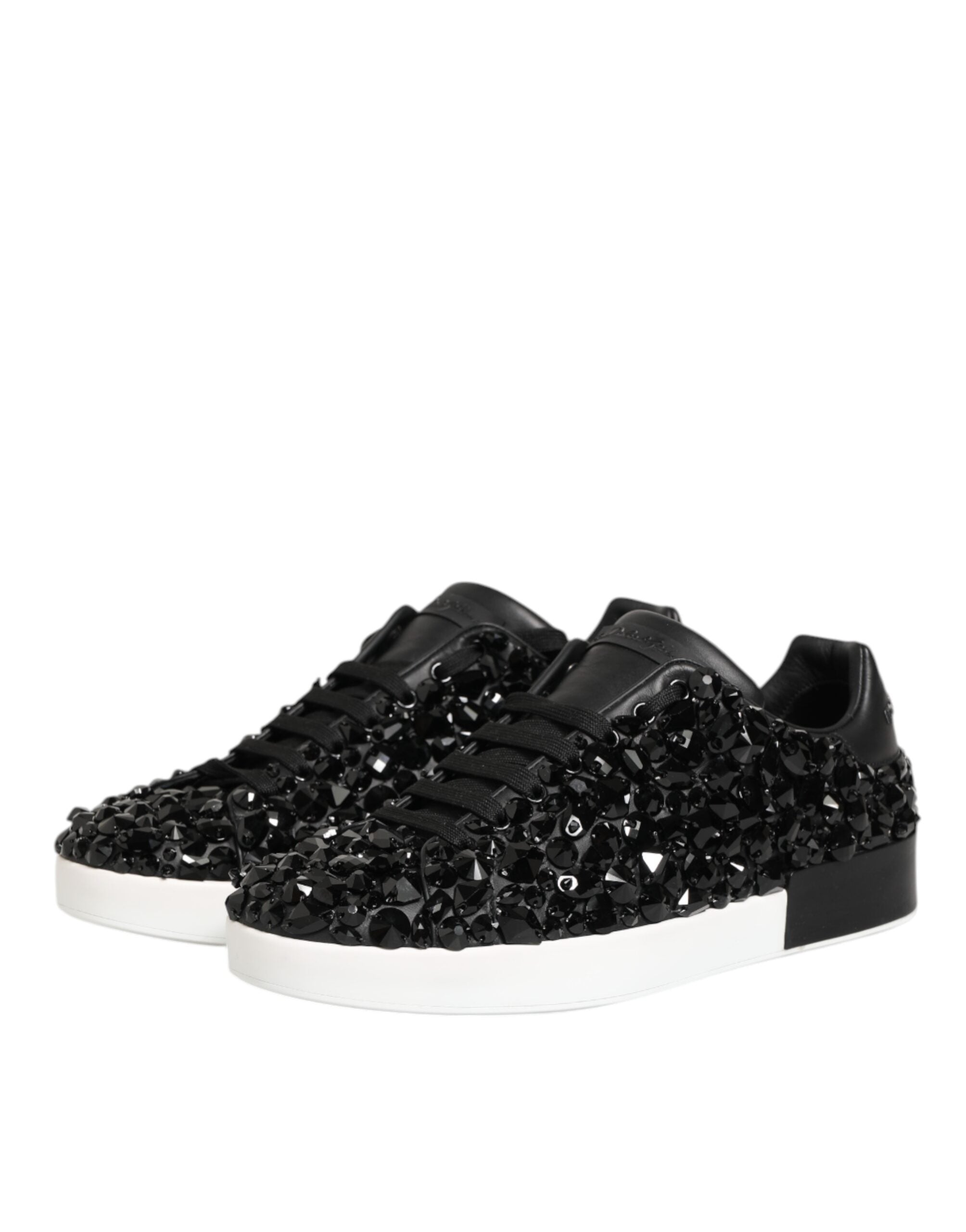 Dolce & Gabbana Black Leather Crystal Low Top Sneaker Shoes