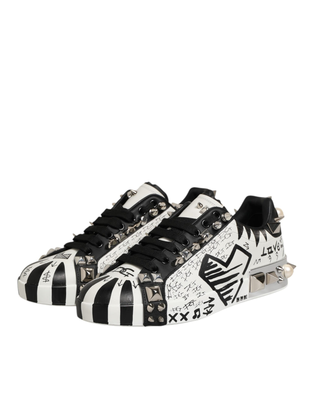 Dolce & Gabbana Black White Studded Low Top Sneakers Shoes