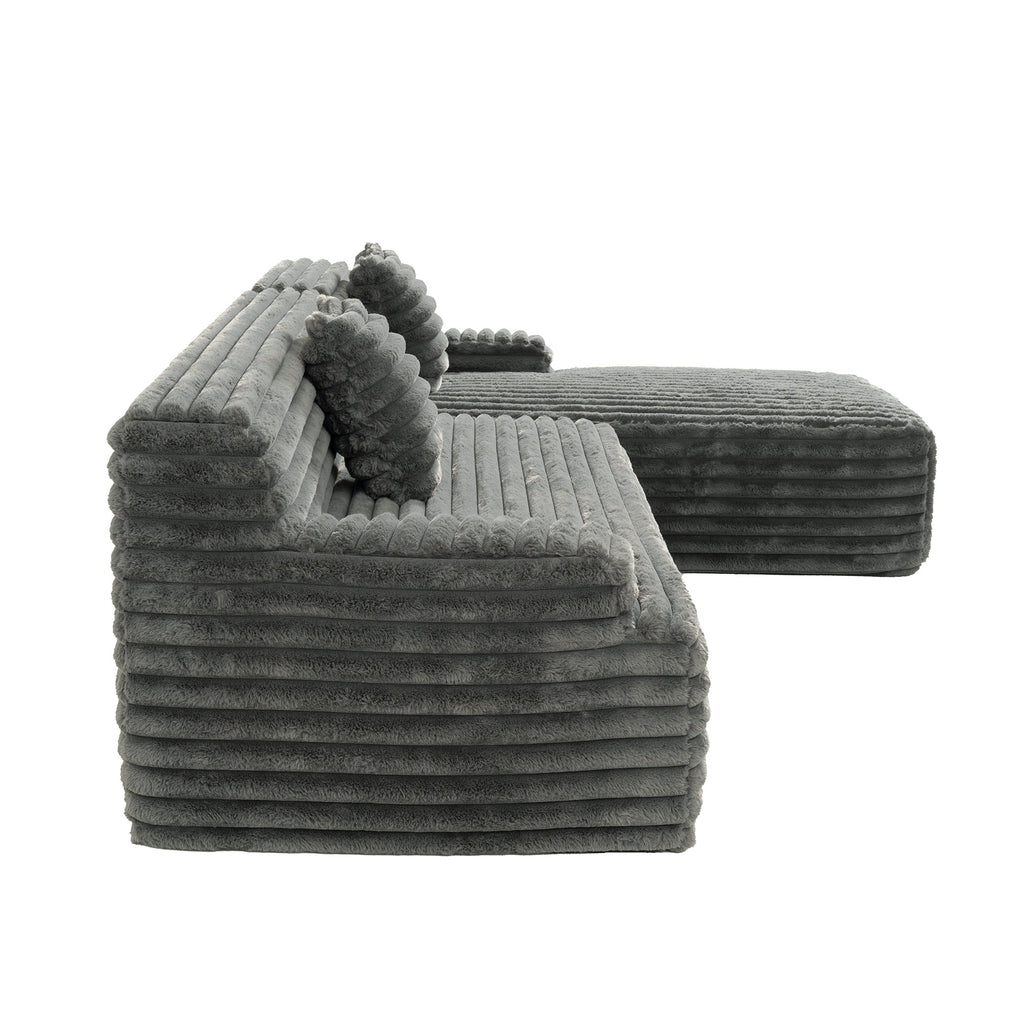 Cloud Sectional Sofa Upholstered Couch with Free-combined Design in Dark Gray Faux Rabbit Fur, 110'