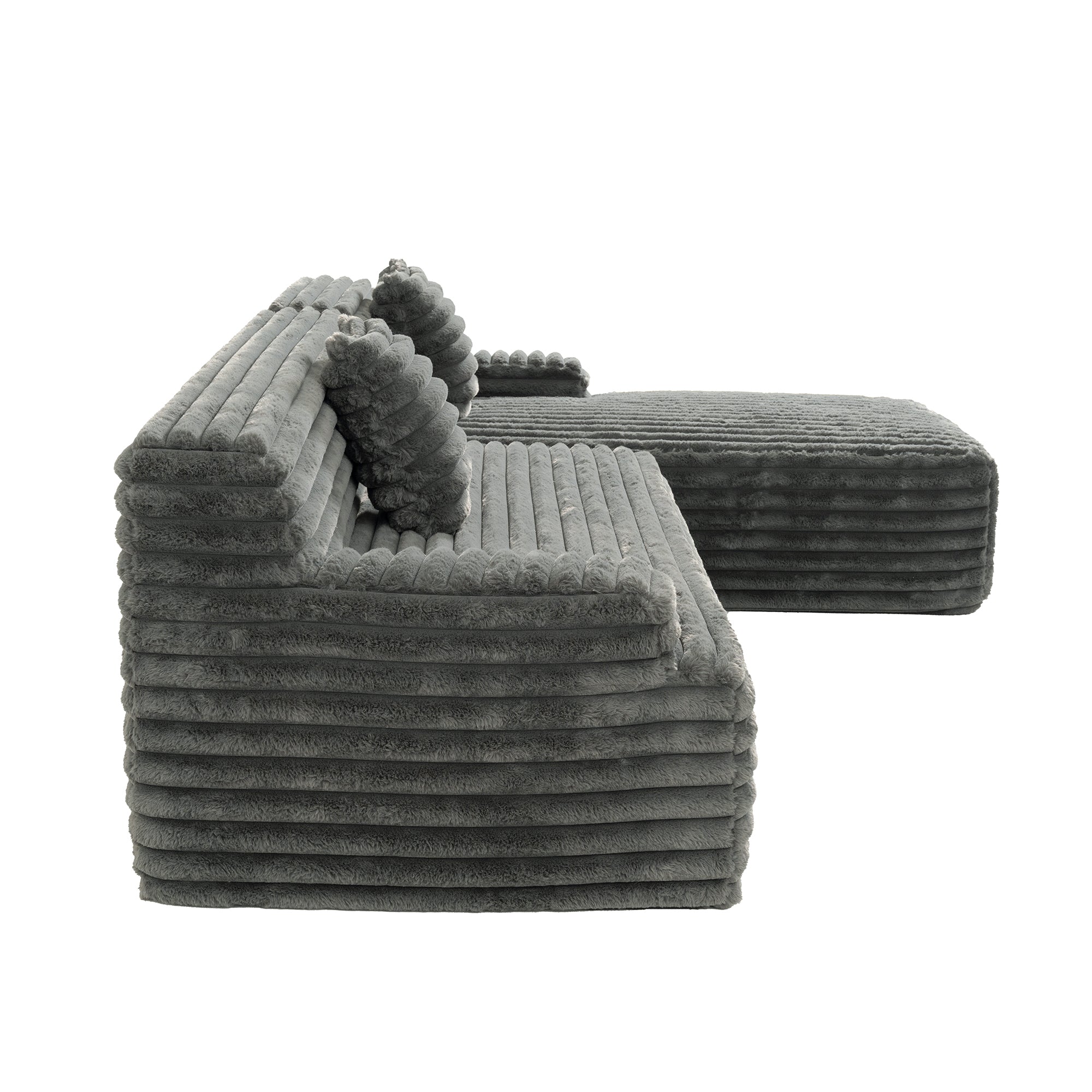 Cloud Sectional Sofa Upholstered Couch with Free-combined Design in Dark Gray Faux Rabbit Fur, 110'